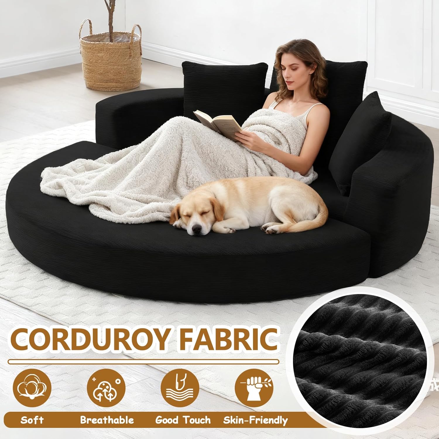 Anwick 67" Convertible Sleeper Lazy Sofa Bed Upholstered Round, Black Boneless Folding Sofa Bed Couch for Living Room Oversized Round Reading Chair for Bedroom Apartment
