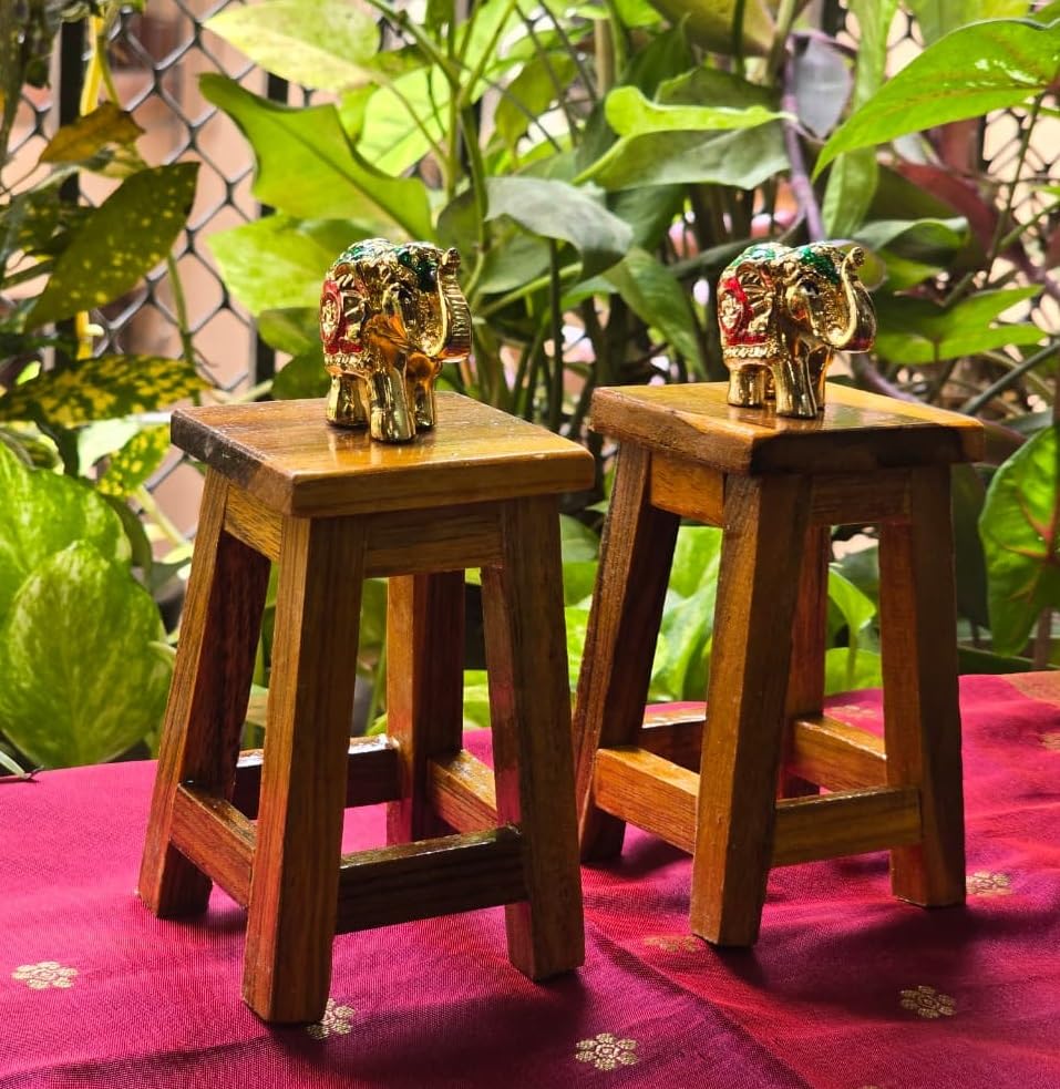 Image of Teakwood Mini Wooden Stool Plant Stand, Small 9.5cm Decorative Pedestal Risers, Handcrafted Teak Wood Candle & Accessory Display Holder for Tabletop Home Decor (Brown, 2pcs)