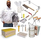 TOPQSC Beekeeping Tools Kit, Beekeeping Supplies 15 pcs, Deluxe Beekeeper Starter Kit, Beekeeping Jacket XL, Bee Keeper Suit Jacket with Veil and Hat, Beehive Kit, Bee Smoker Kit, Hive Tools