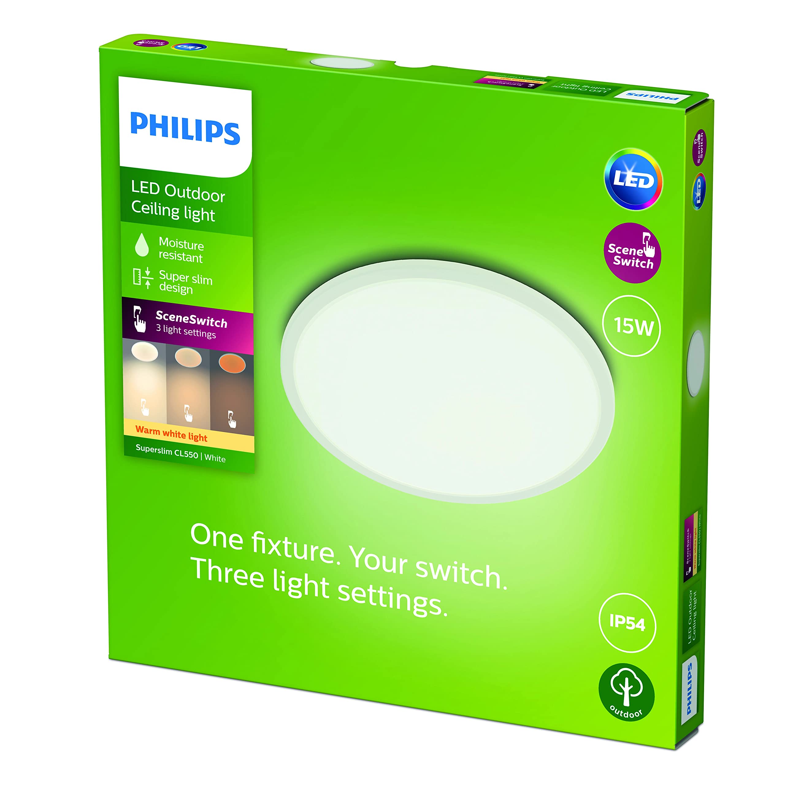 Plafonnier extérieur PHILIPS LED Superslim 15W [Blanc chaud - Blanc] Résistant à l'eau IP54, pour éclairage de jardin, patio et terrasse.