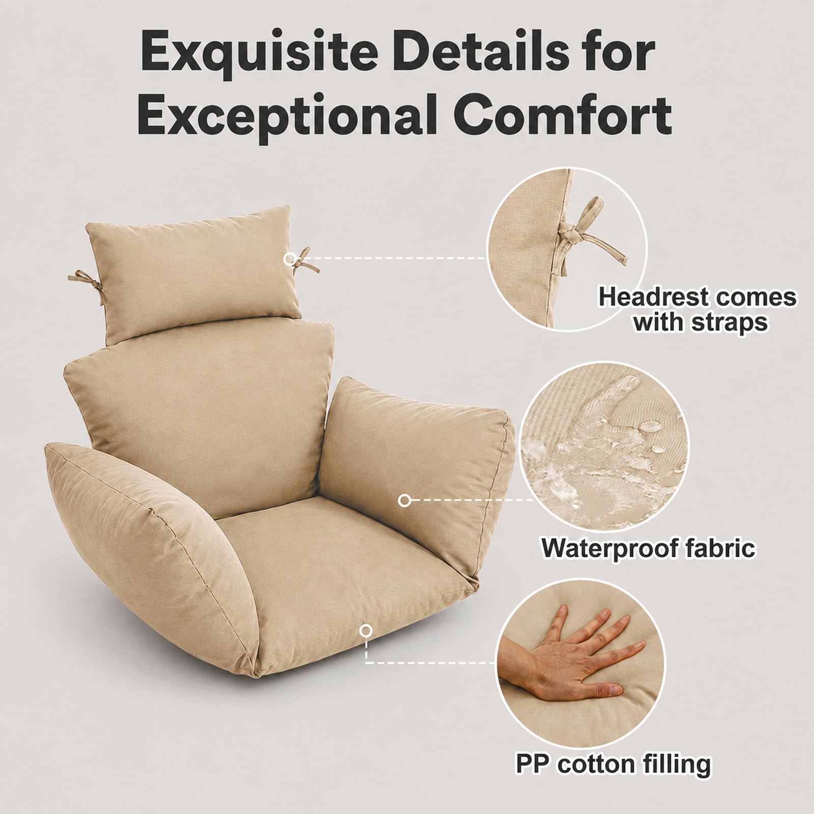 Cojín colgante para silla mecedora para exteriores, cojín de jardín con reposacabezas, cojín para sillón mecedora, cojín de interior para columpio, cesta colgante, silla mecedora, cojín para silla