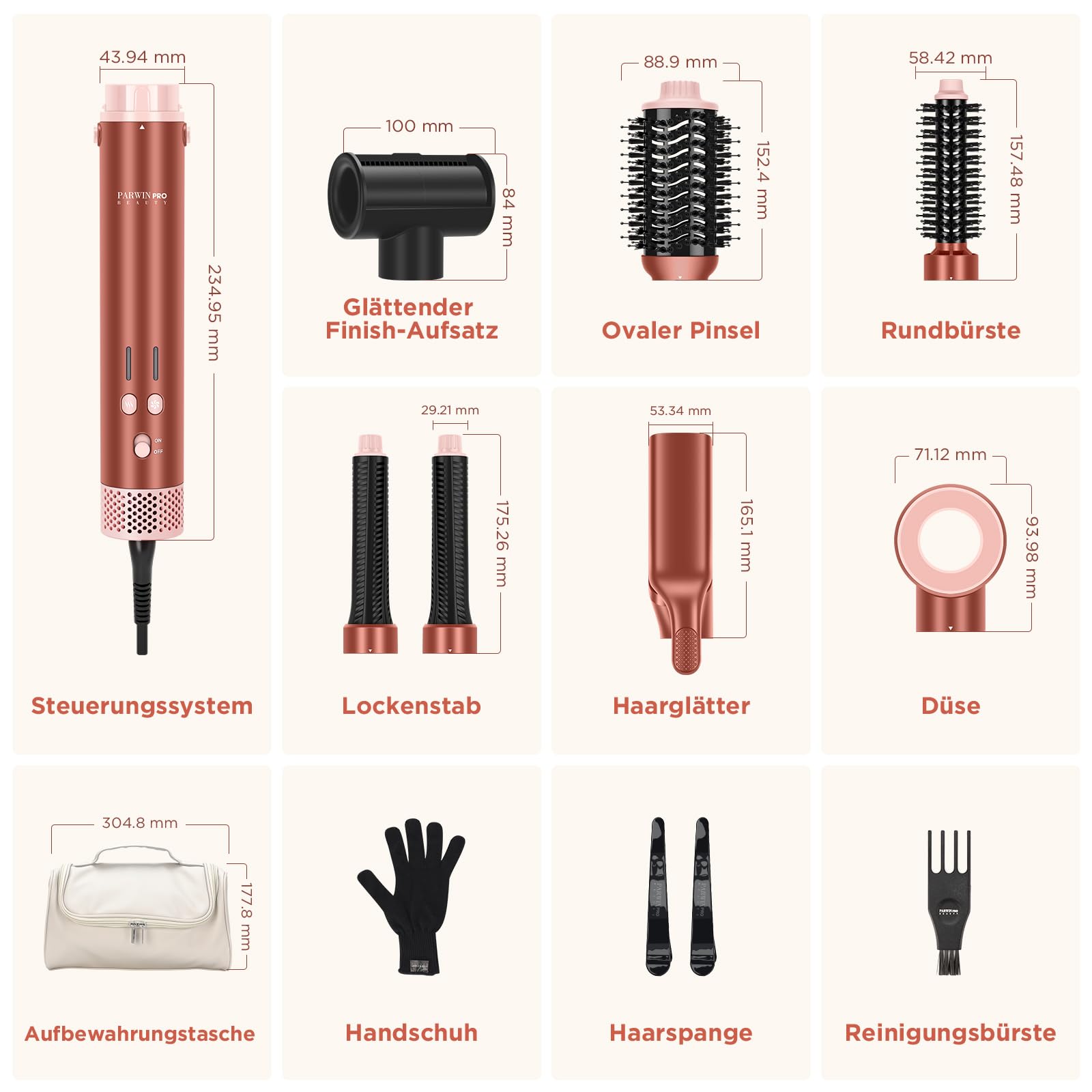 7 in 1 Airstyler, PARWIN PRO BEAUTY MaxAIR 2.0 Multi-Styler Set | Auto-Wrap, Geringere Hitzeschäden Glätteisen, 110000 U/Min Föhn, Volumenbürste, Glättender Finish-Aufsatz, Amber Silk