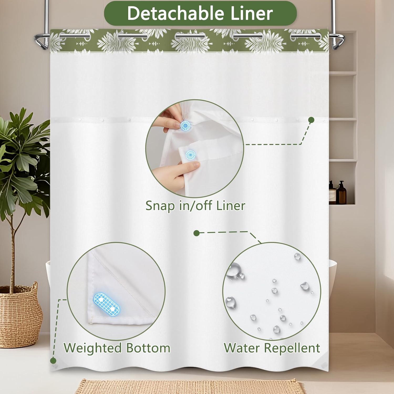 Double Layer Shower Curtain with Sheer Top Window, Farmhouse No Hook Waterproof Shower Curtain with Snap in Liner and Weighted Bottom Hem, Vintage Daisy Floral Shower Curtains for Bathroom, 71x74 Inch