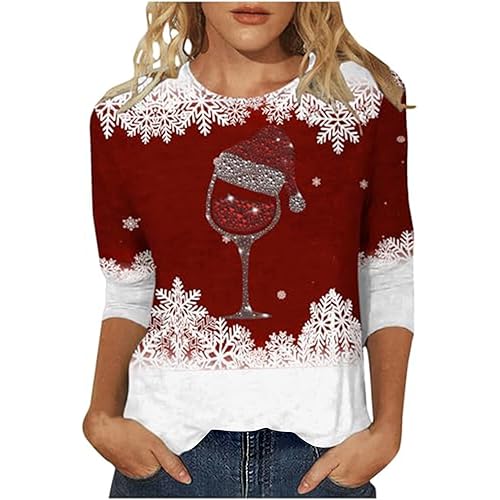 2024 Christmas Shirts for Women 3/4 Sleeve Christmas Tshirt Crewneck Tops Crewneck Pullover Blouse Cotton Tunic