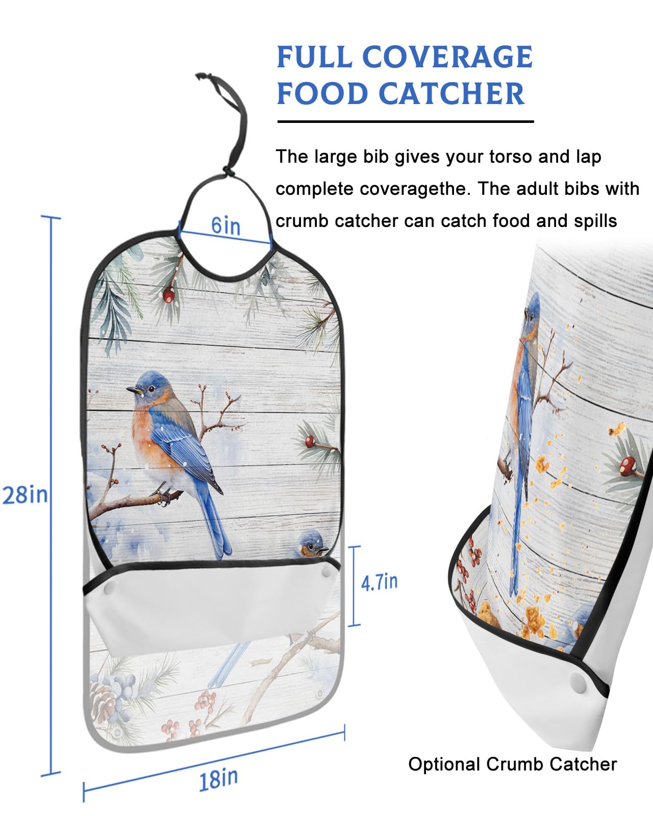 LEOKOTI Blue Birds Christmas Adult Bibs for Eating, Waterproof Bibs with Food Catcher & Snap Closure, Xmas Pine Cones Berry Snowflake Vintage Washable Clothing Protectors Adult Bibs for Elderly