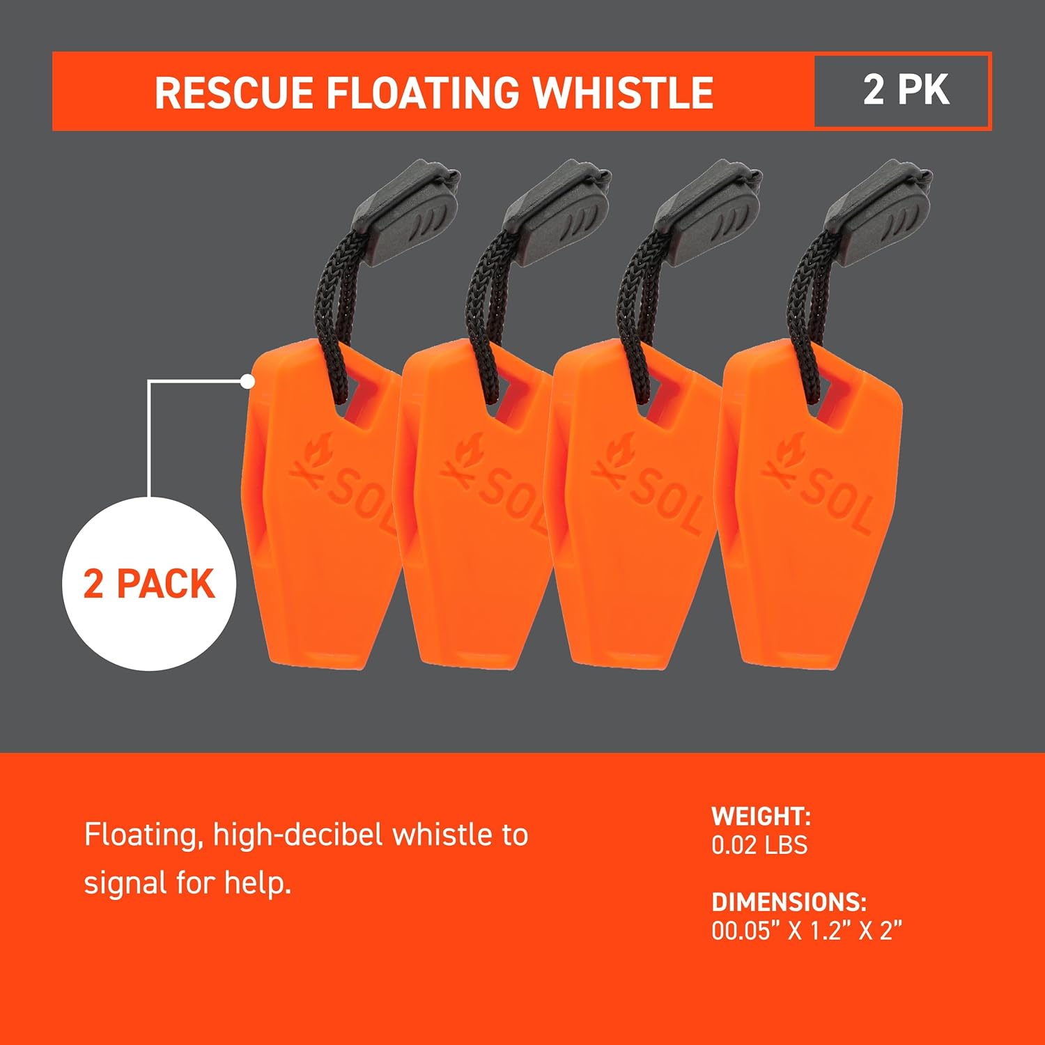 S.O.L. Survive Outdoors Longer S.O.L. Rescue Floating Whistle 2 Piece (2 Pack)