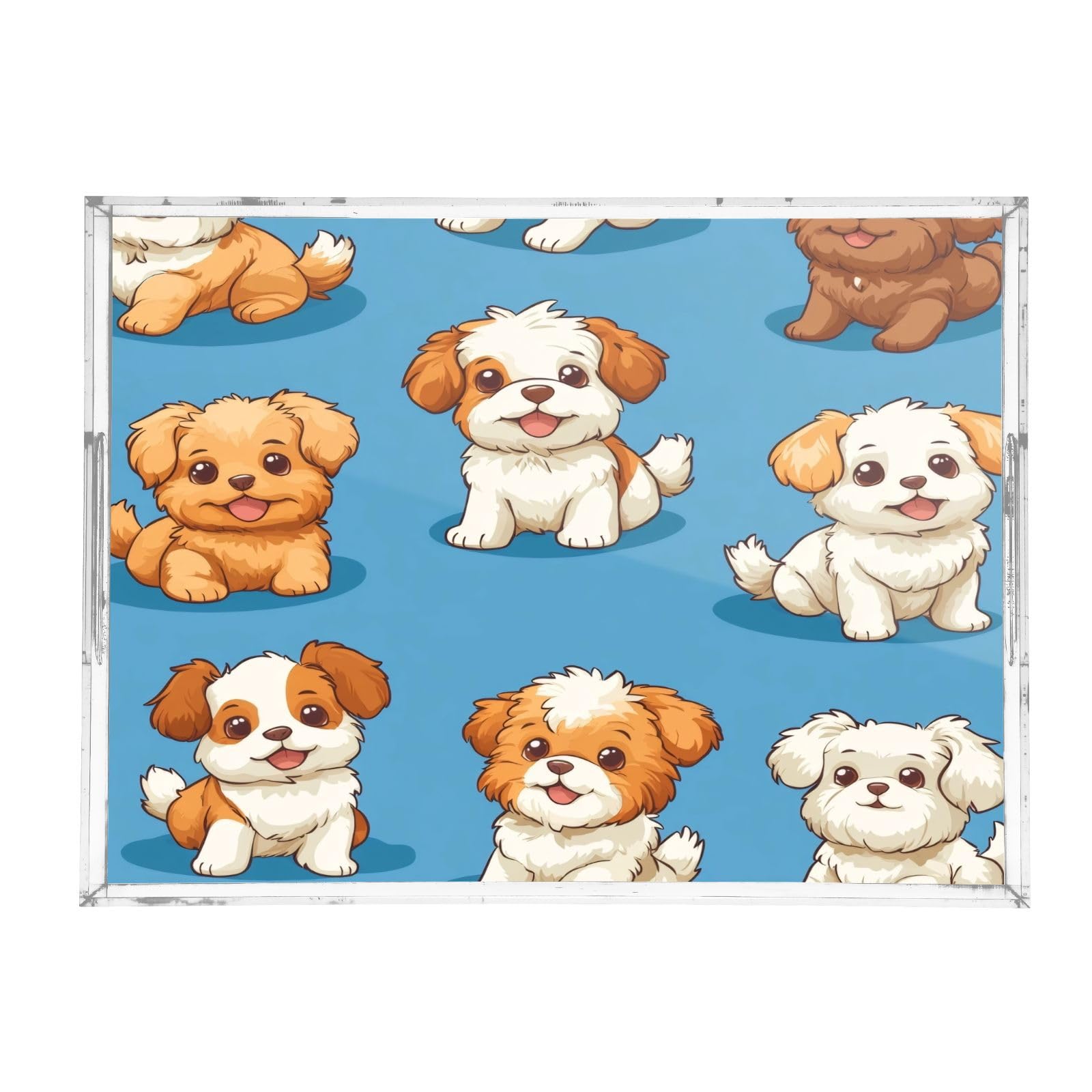 Msyxl Cartoon Dogs Serving Tray for Coffee Table, Decorative Acrylic Tray Cartoon Dogs Tray with with Handles for Breakfast, Ottoman, Countertop, 12x16 in