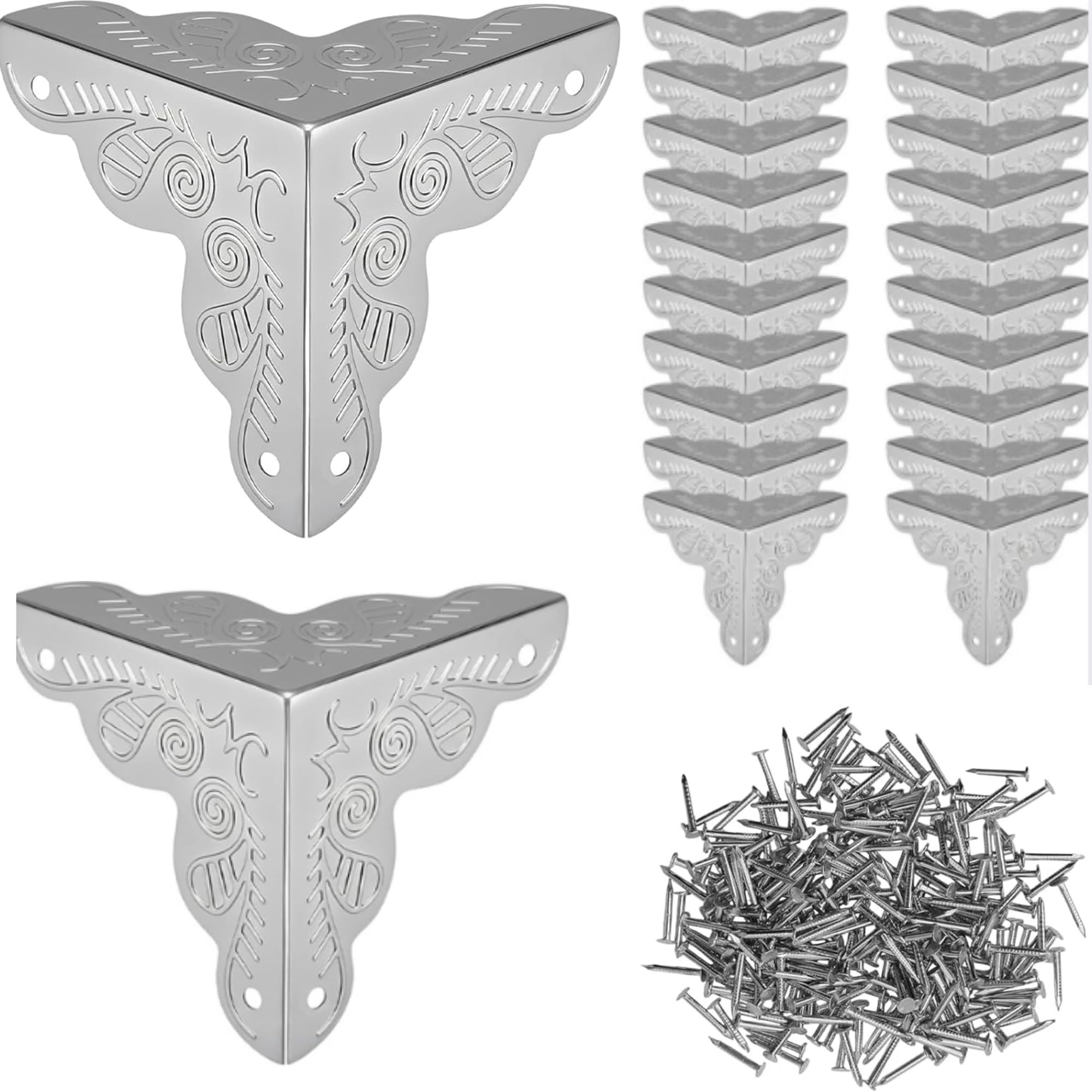 50PCS Silver Dust Catchers for Stairs, Table Corner Protectors, Edge Corner Covers with Screws, Decorative Antique Dust Corners for Tables, Walls & Baseboards, 1.38in