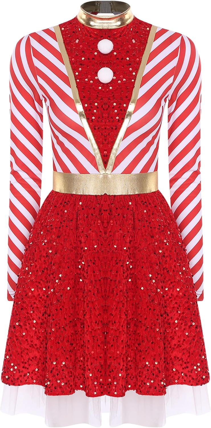 Sywiyi Figure Ice Skating Dress for Women Candy Cane Striped Sequins Christmas Dance Performance Costume