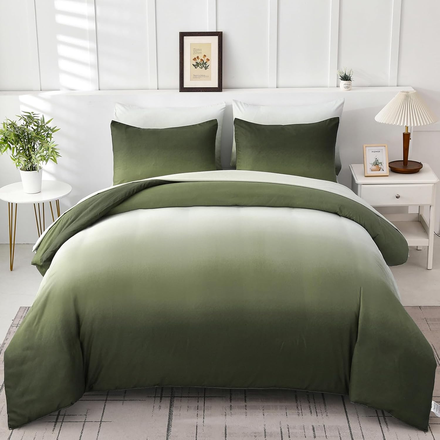 Gradient Olive Green Duvet Cover King Size, Soft Microfiber Bedding Set