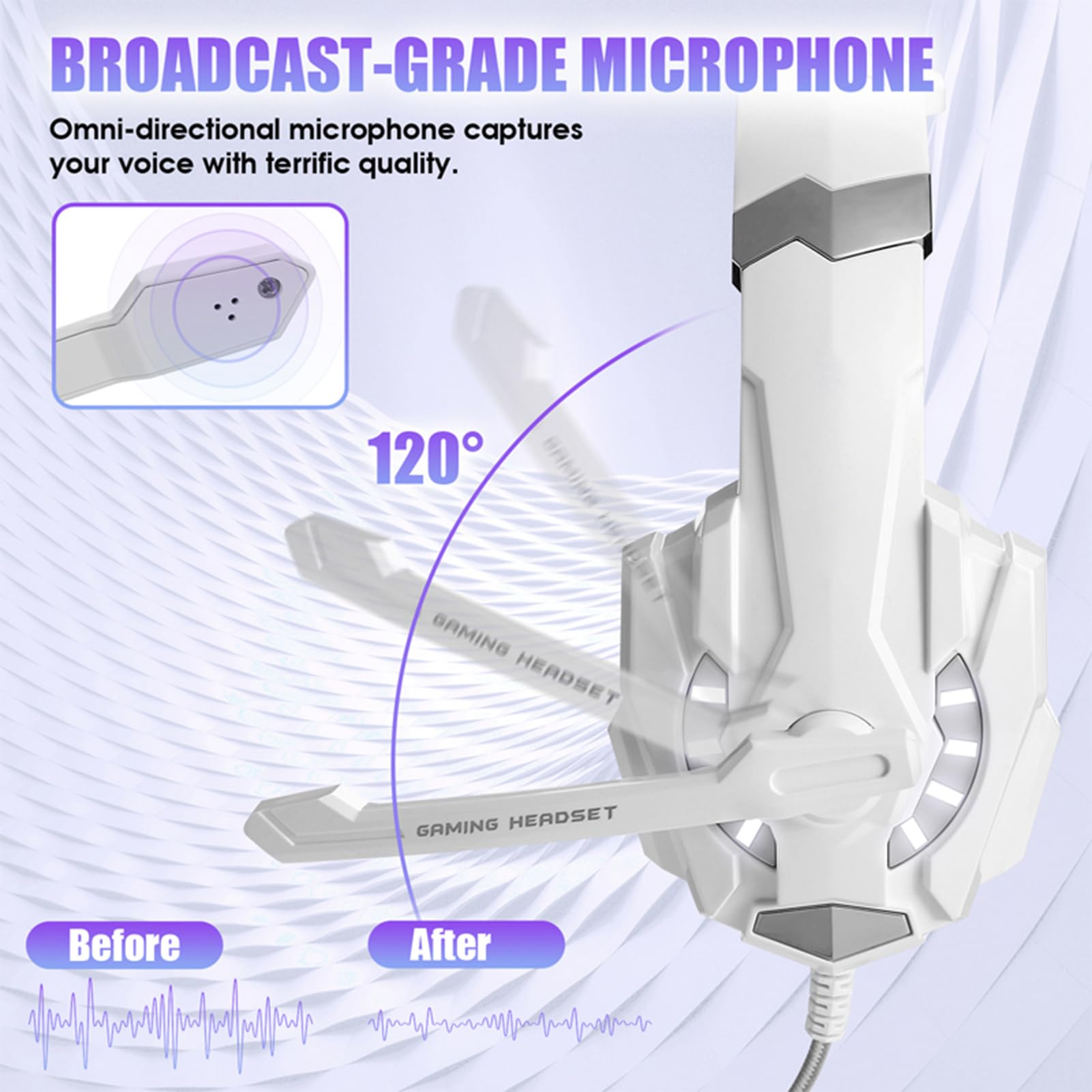 Aoresac Casque de Jeu G9000, avec des Lumières LED, Microphone Clair pour Ordinateur Portable, Tablette, Téléphones Mobiles, PC de Bureau, Console de Jeu, Contrôle du Volume (Blanc)
