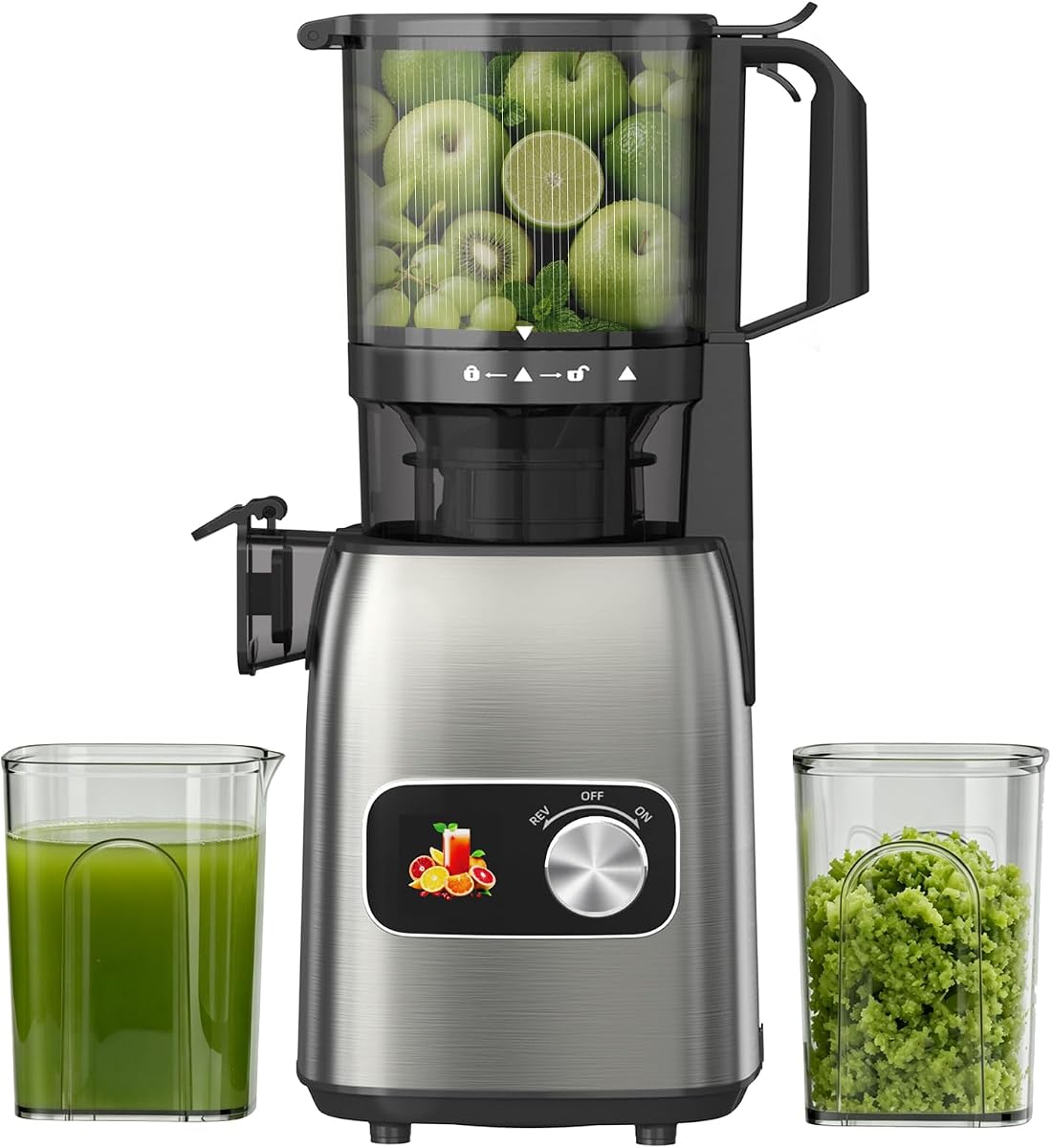Máquinas exprimidoras, exprimidor de prensa en frío con conducto de alimentación de 5,3 pulgadas de ancho para frutas y verduras enteras, alto rendimiento de jugo con 2 tazas, fácil de limpiar, máquina exprimidora masticadora para cocina casera
