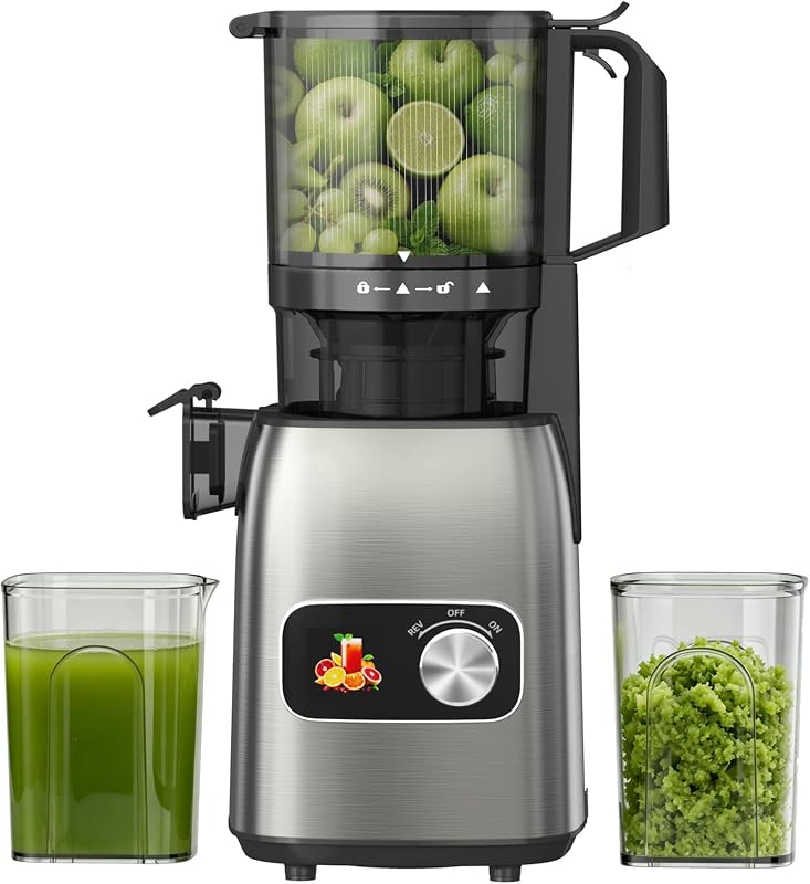 Máquinas exprimidoras, exprimidor de prensa en frío con conducto de alimentación de 5,3 pulgadas de ancho para frutas y verduras enteras, alto rendimiento de jugo con 2 tazas, fácil de limpiar, máquina exprimidora masticadora para cocina casera