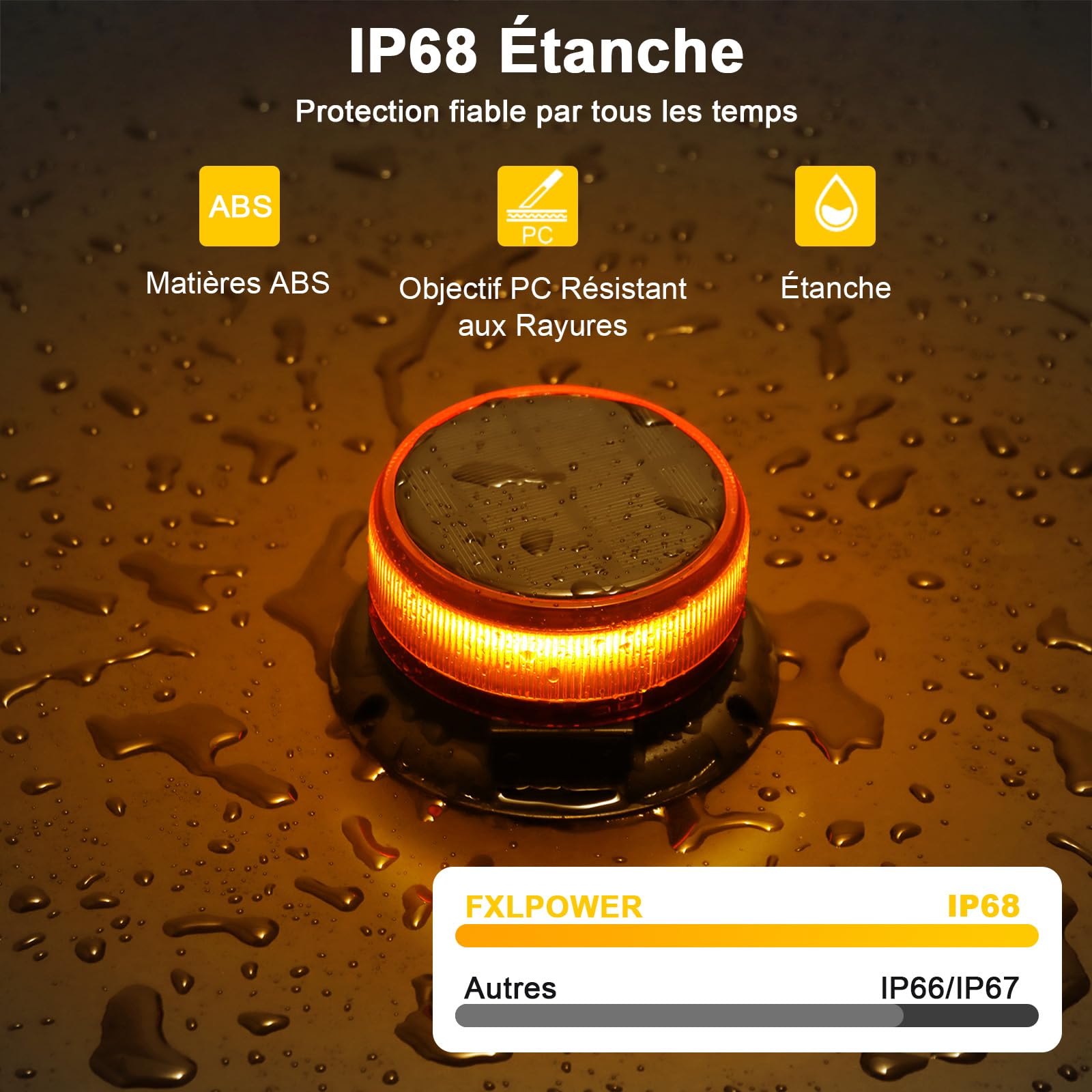 Gyrophare LED Sans Fil Solaire Magnétique Orange pour Tracteur | Étanche IP68, Fixation 130 km/h, 9 Modes Clignotants, Recharge USB, pour Camion et Remorque