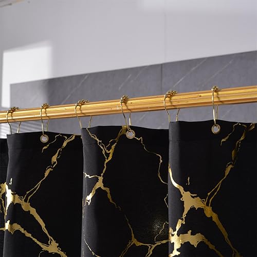 Miniatura 5 de Cortinas de ducha de mármol negro y dorado para baño, cortina de ducha con purpurina con ganchos, lámina única impresa dorada, impermeable, lavable,