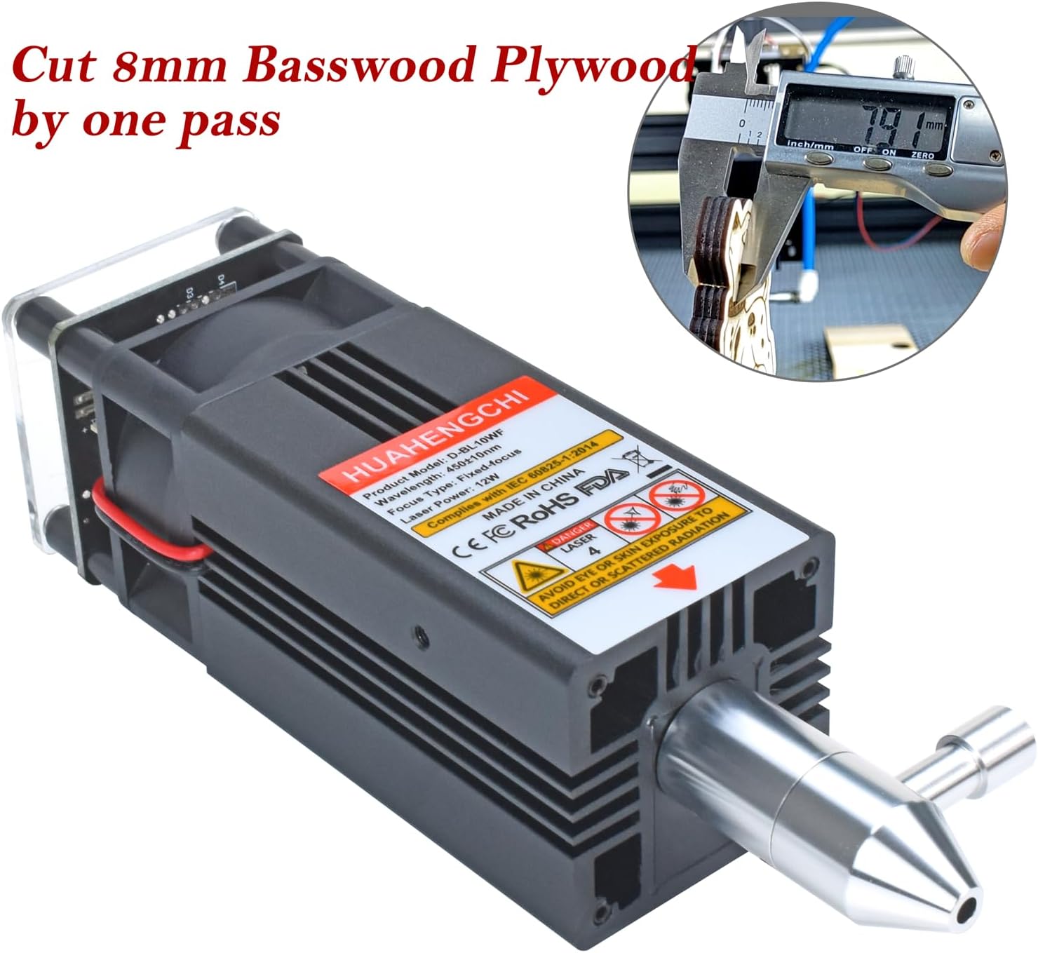 HUAHENGCHI Laser Engraver Module, 12000mW(12W) Optical Output Laser Cutter Module w/Air Assist Nozzle, Laser Module Head Compatible with CNC Laser Engraving Cutting Machines, Class 4, 12V