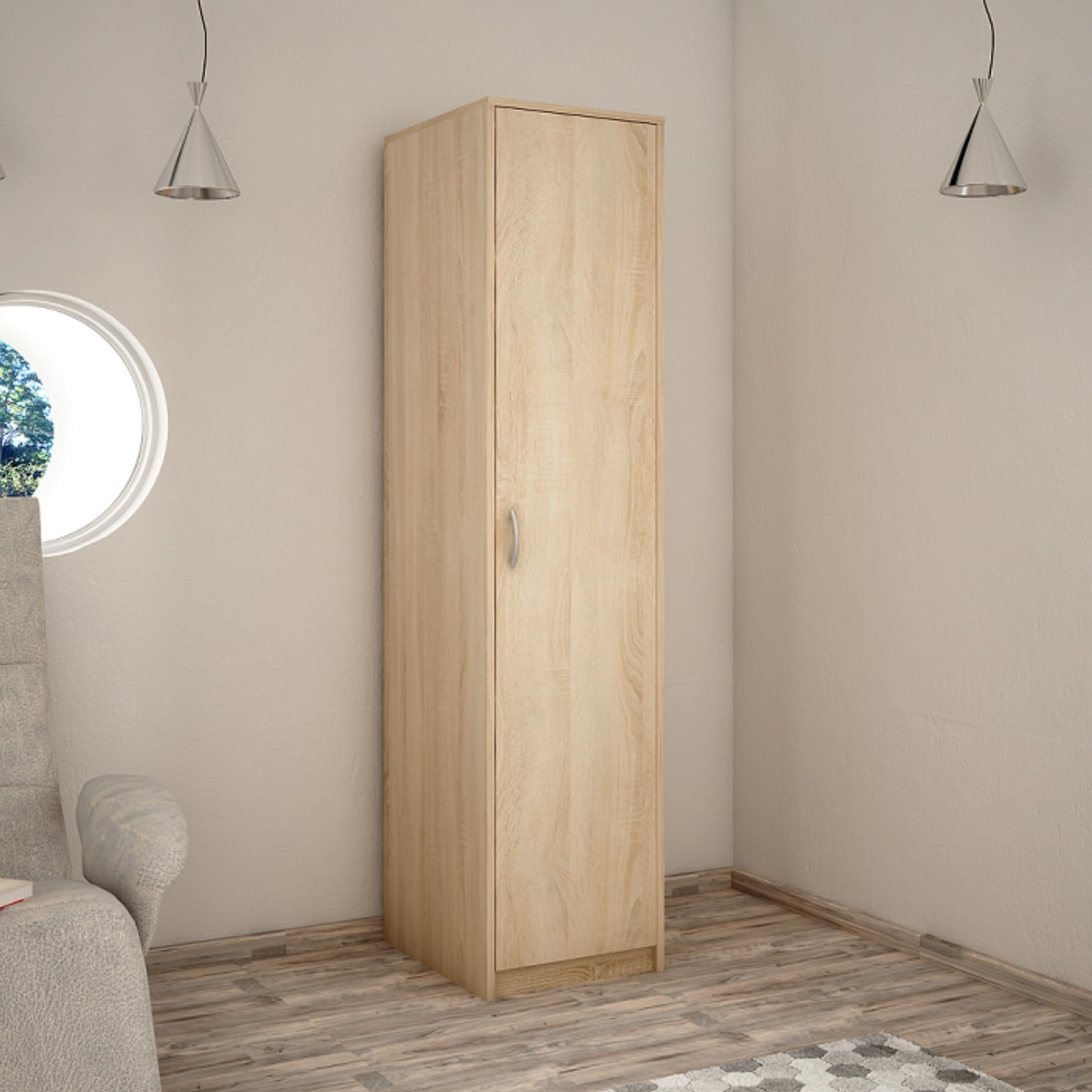 Home Collective Kleiderschrank mit 1 Tür, 1 Kleiderstange und 2 Einlegeböden, Garderobenschrank 45 cm breit Schrank schmal Matte Oberfläche, ideal für Schlafzimmer, Wohnzimmer, Flur | Sonoma