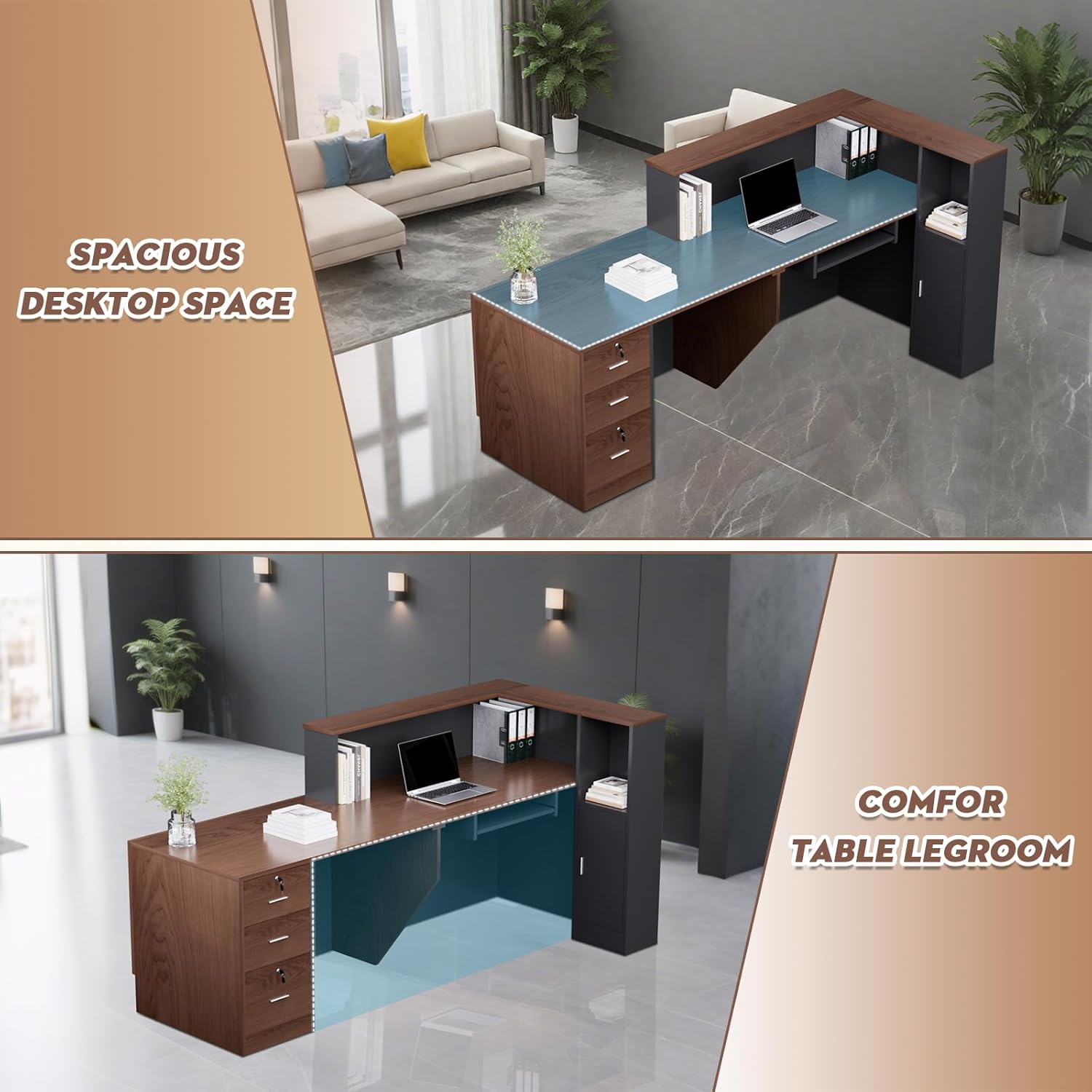 L-Shaped Modern Reception Desk with Counter & Storage - 84" Large Office Front Desk, Salon Checkout Counter with Lockable Cabinets, Shelves (Brown & Black, Left - 84''L x 34''W x 41''H)