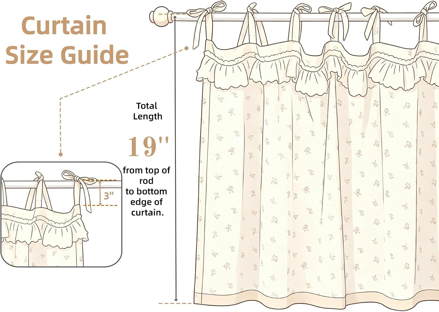 French Country Floral Lace Cafe Curtains for Kitchen Window -White Cotton Vintage Cottage Half Curtains with Tie Tops - Over Sink Light Filtering Valance for Living Room Bathroom 39×19 inch