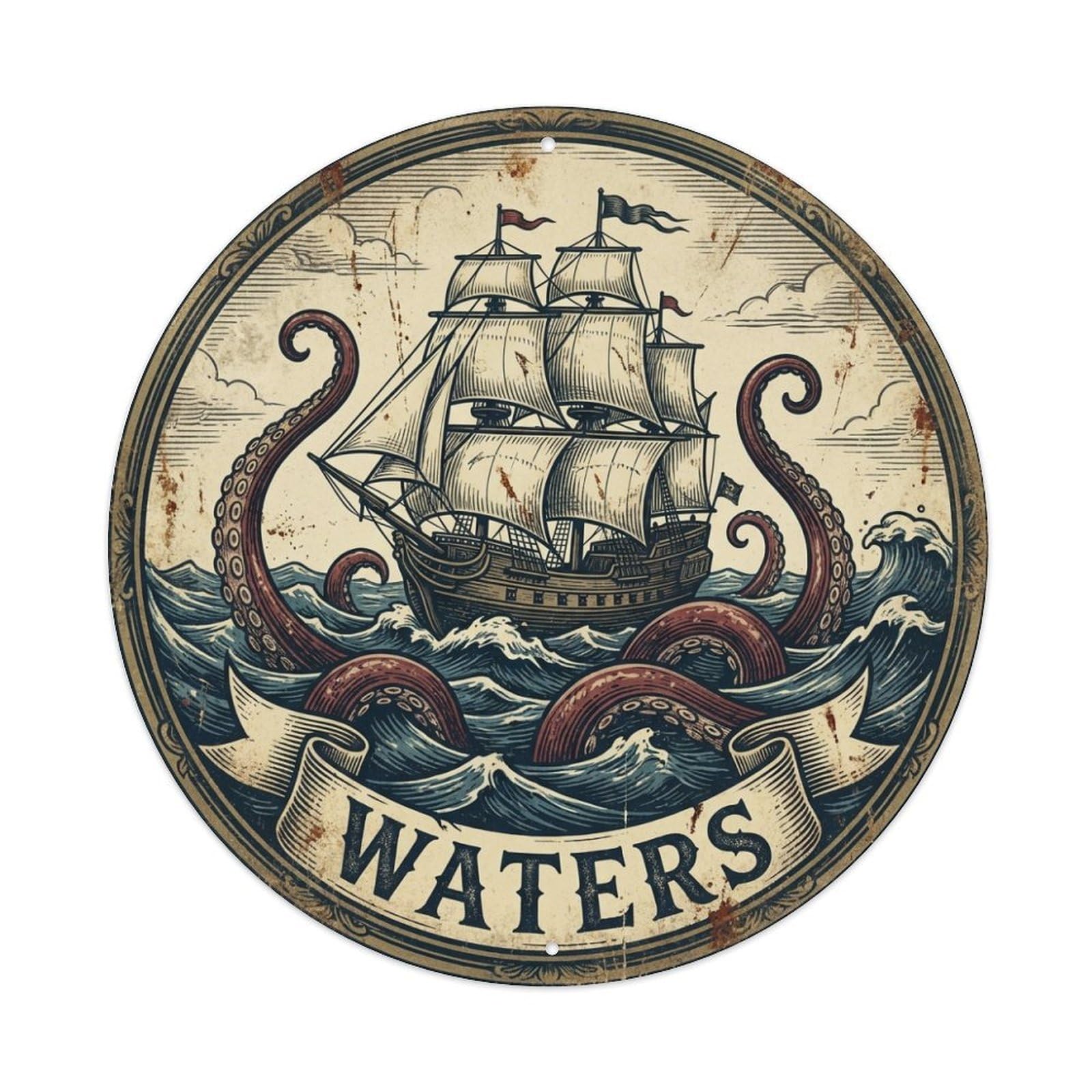 Waters Pirate Ship Octopus Waves High Seas Mark Metal Tin Sign