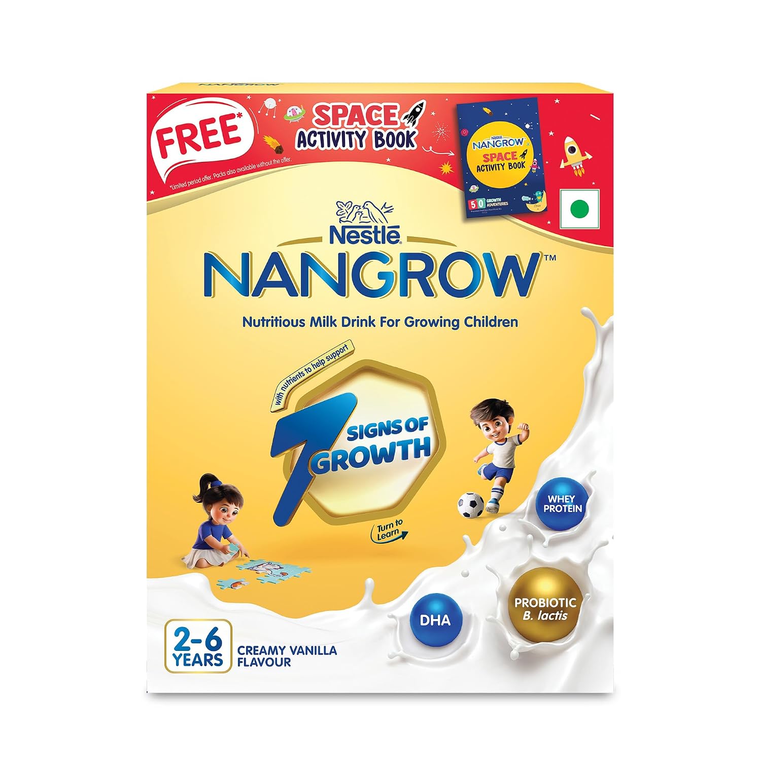 Nangrow Nutritious Milk Drink Powder for Growing Children Toddler Aged 2-6 Years, Contains DHA, Rich in Protein & Vital Nutrients, Creamy Vanilla Flavor, Free Space Activity Book, 400g, BIB Pack