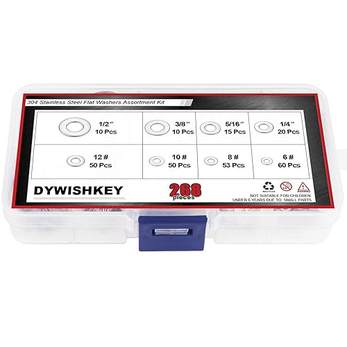 Miniatura 9 de DYWISHKEY Kit surtido de 268 arandelas planas de 8 tamaños, 12 38 516 14 12 # 10 # 8 6#, acero inoxidable 304
