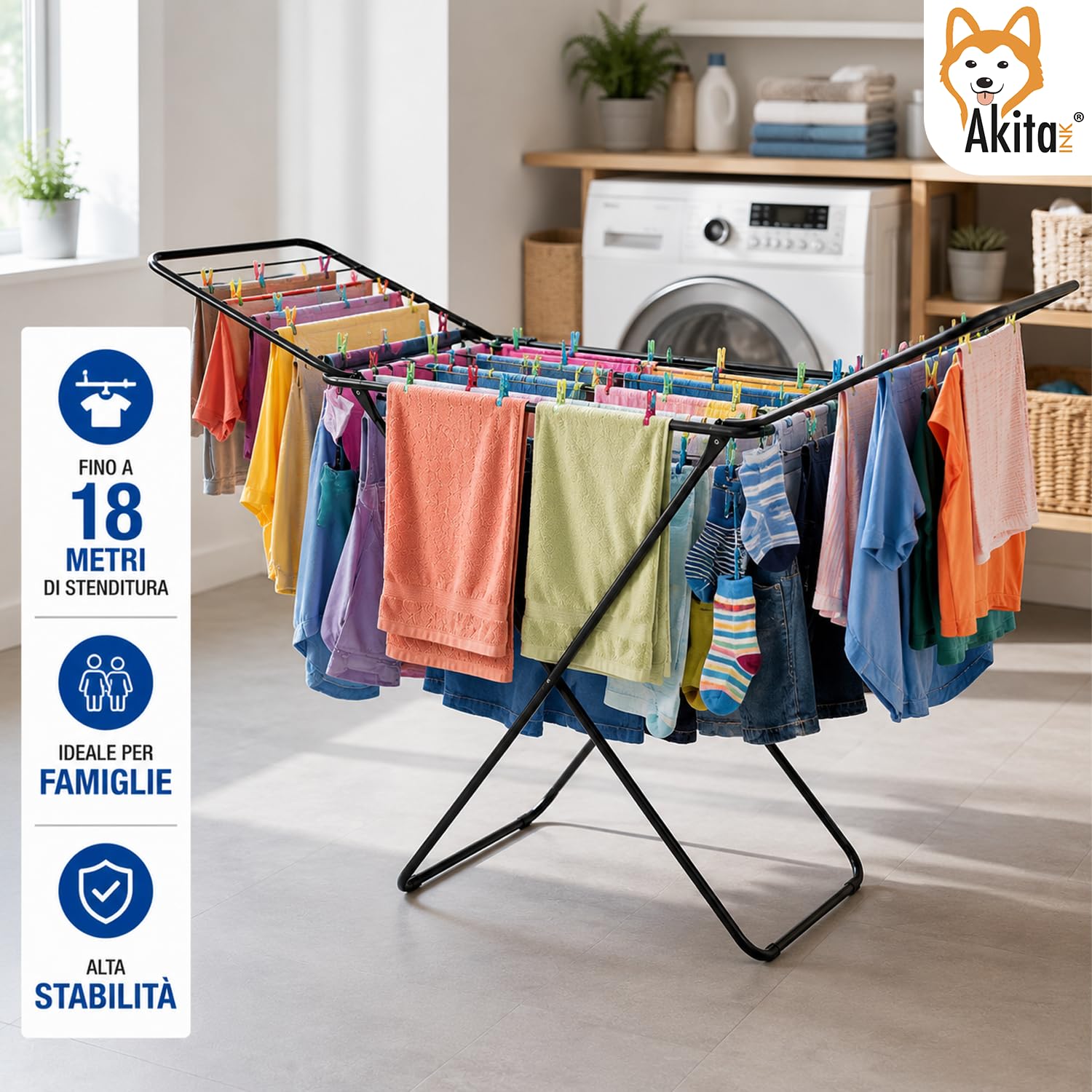 AKITAInk Stendibiancheria AEGEANSTAR Nero da Pavimento, 18 m di Stenditura, 100% Acciaio, Pieghevole con Sistema Anti-Chiusura e Certificazione TÜV