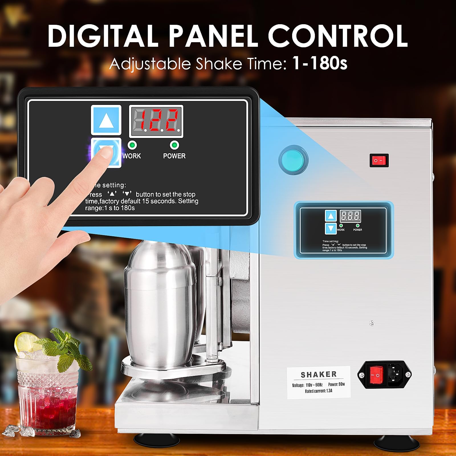 Automatic Cocktail Shaking Machine, 400r/Min Electric Double Frame Mixer With 2×750ML Stainless Steel Cups for Bubble Tea, Boba, Juice, Coffee, Milk & Cocktails, Silver