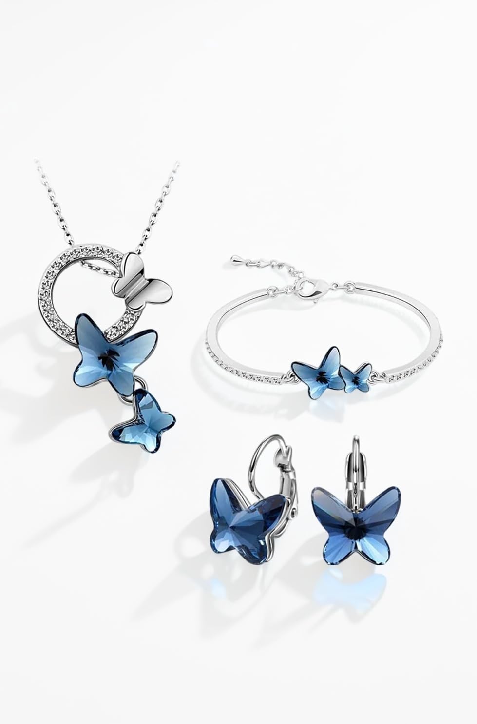 Shining Diva Valentine Gift Girlfriend Wife Italian Designer Platinum Plated Crystal Butterfly Earrings Chain Pendant Necklace Combo Jewellery Set for Women and Girls (Blue) (14603s)
