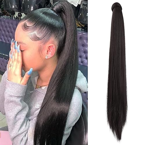 SEIKEA Extensión de cola de caballo con clip envolvente alrededor de la cola de caballo larga y recta, extensión de pelo sintético para mujer, 26