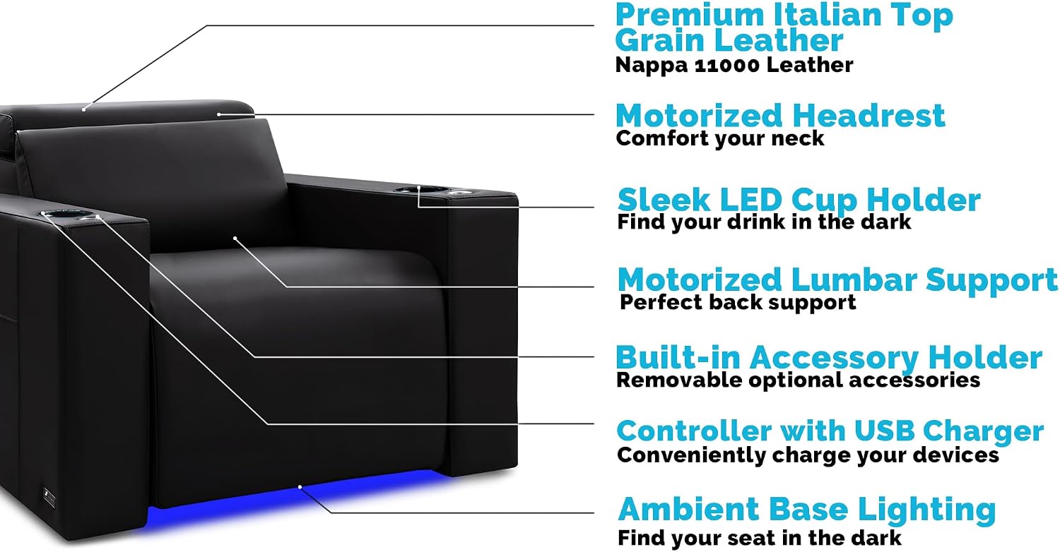 Valencia Barcelona Home Theater Seating | Italian Nappa Leather 11000, Motorized Headrest, Low-Profile, Low-Rise Seat Backrest, (Row of 2 Loveseat, Midnight Black)