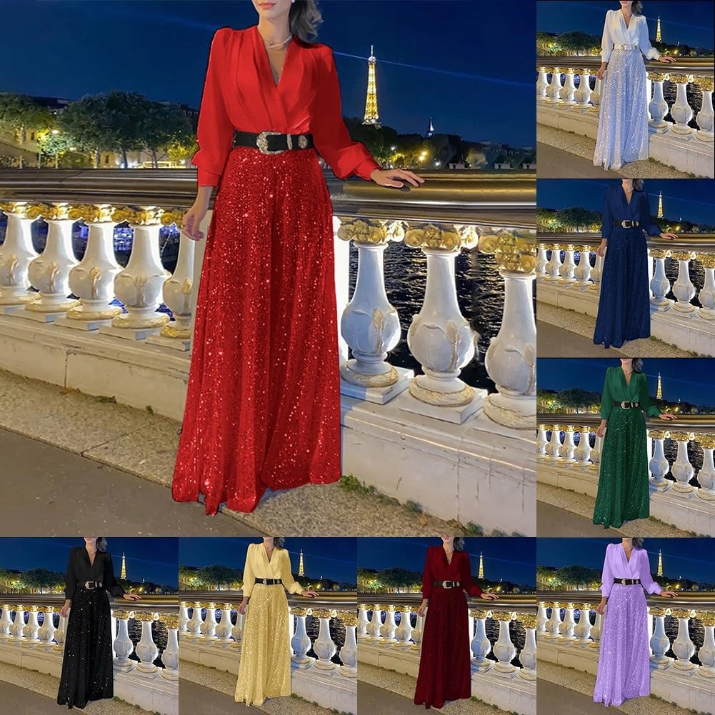 ZYWUOY Combinaison à paillettes pour femme avec col en V ample pour soirée élégante