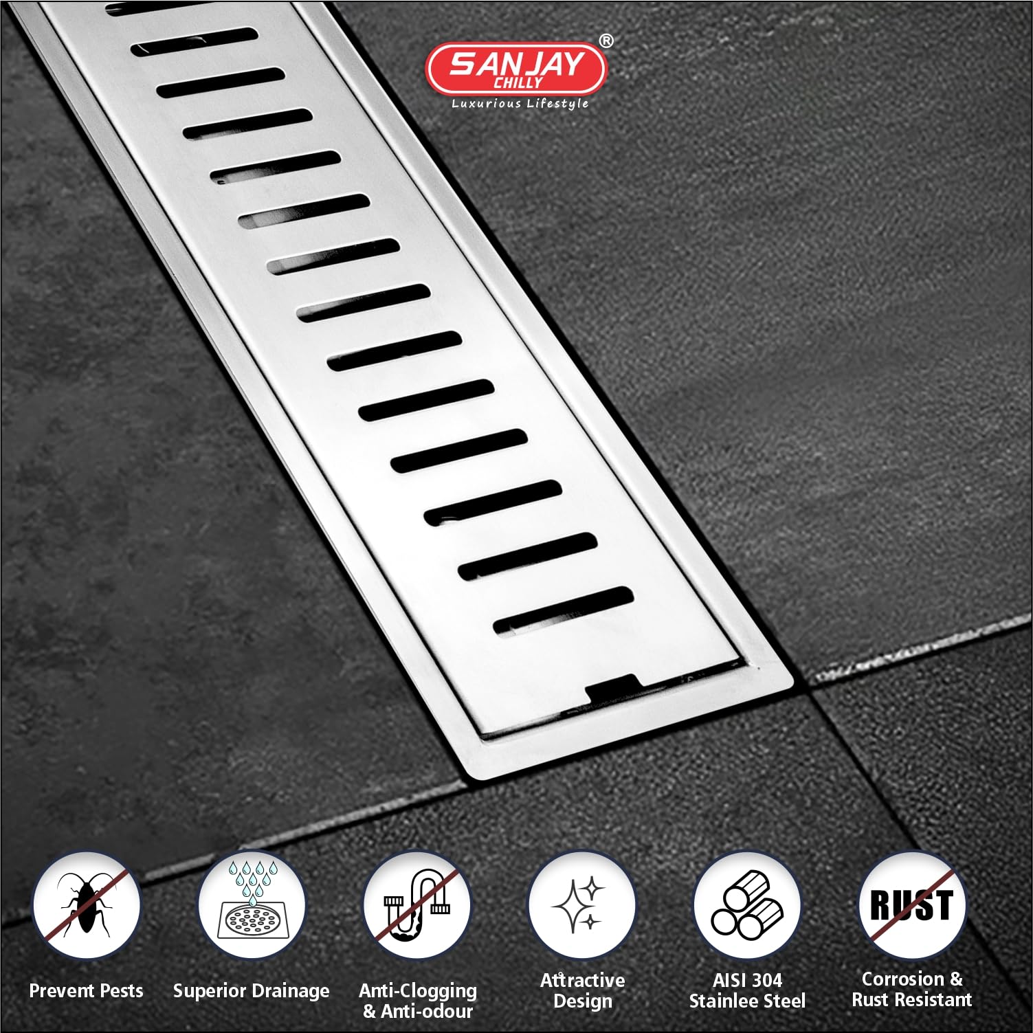 SANJAY CHILLY Classic Ultra Shower Channel (4.7 X 24 INCH) Waste Water Floor Drain Channel 304 Stainless Steel with Cockroach Trap and Collar (Side Hole) 2