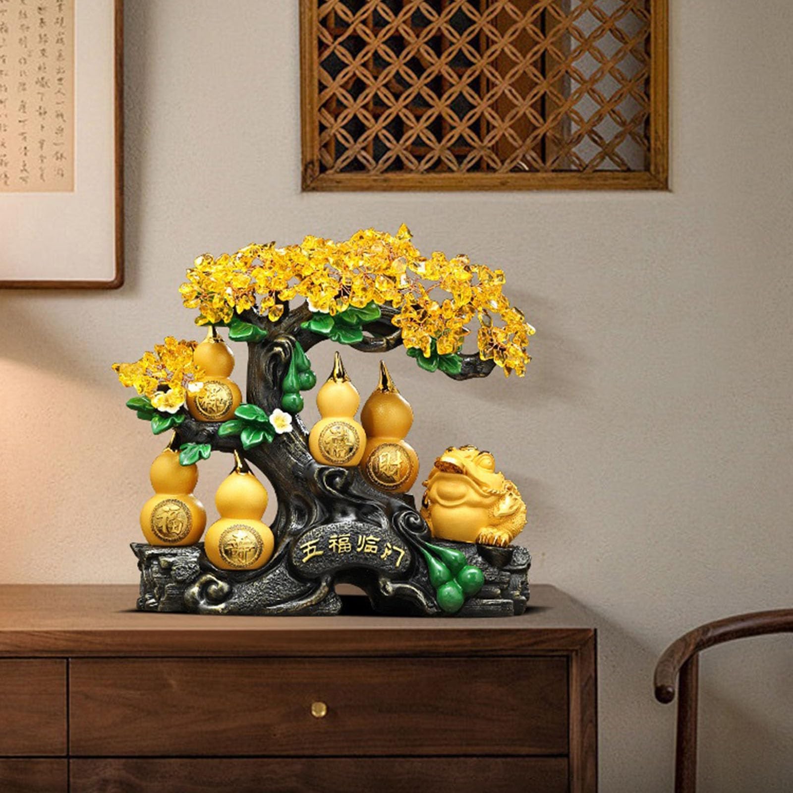 Element dekoracyjny Drzewko na pieniądze z cytrynem ze złotą butelką dyni i żabą na pieniądze, dekoracja stołu w stylu Feng Shui Bonsai – idealne do gospodarki energetycznej, bogactwa, szczęścia