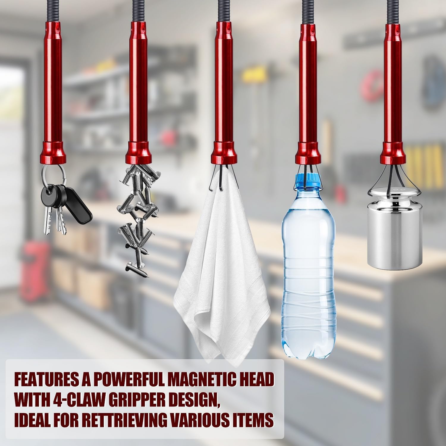 Flexible Grabber Tool, Magnetic 4-Claw Gripper (24", Red) | Mechanic Pickup Tool with Spring-Loaded Handle; for Automotive, Engine Bay, Bathroom, Kitchen, Sewers, Drain, Small Spaces
