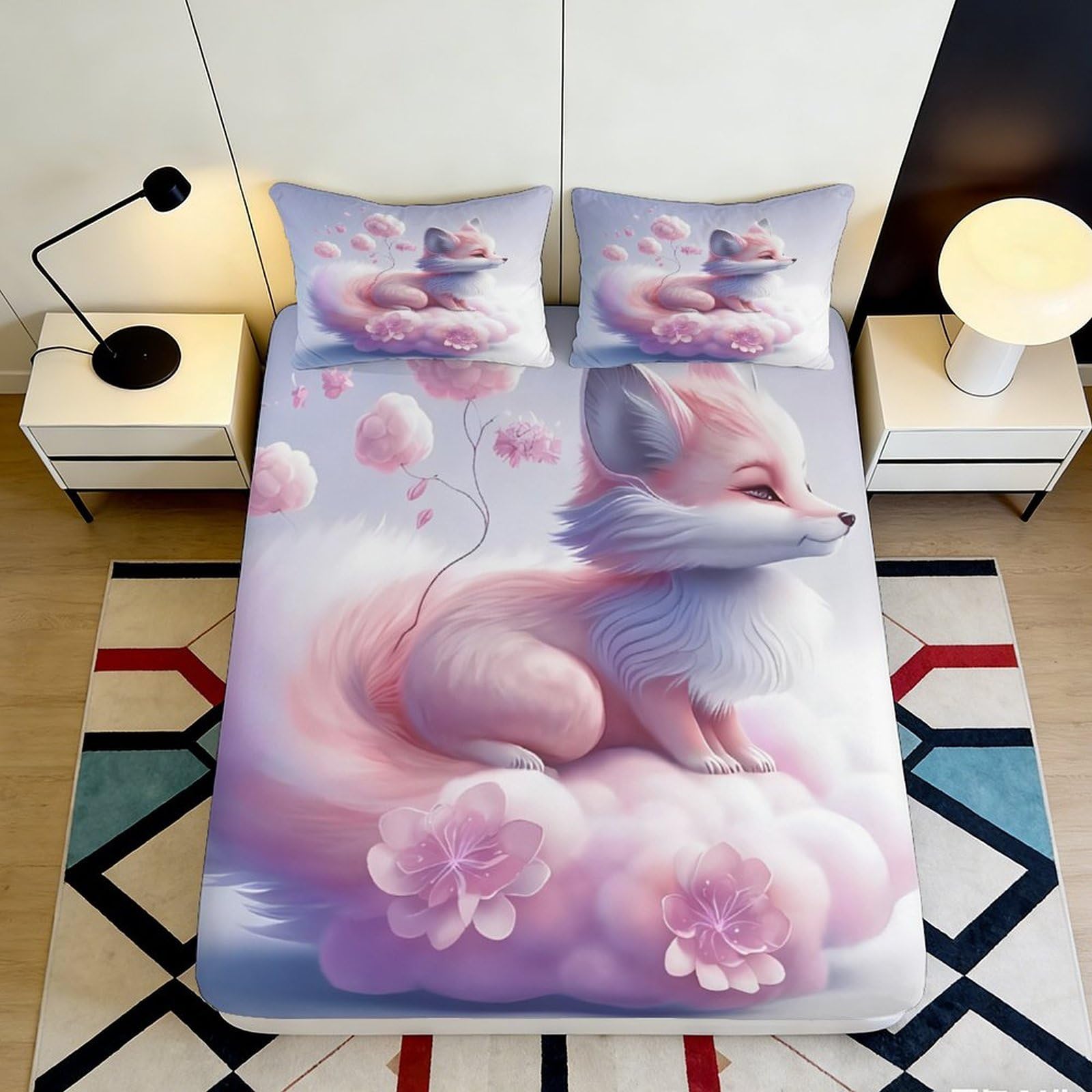 3D Printed Pink Fox Blossom Fitted Sheet Microfiber Non-Slip Bed Cover Washable for Bedroom Guestroom Decor 90x200x25cm