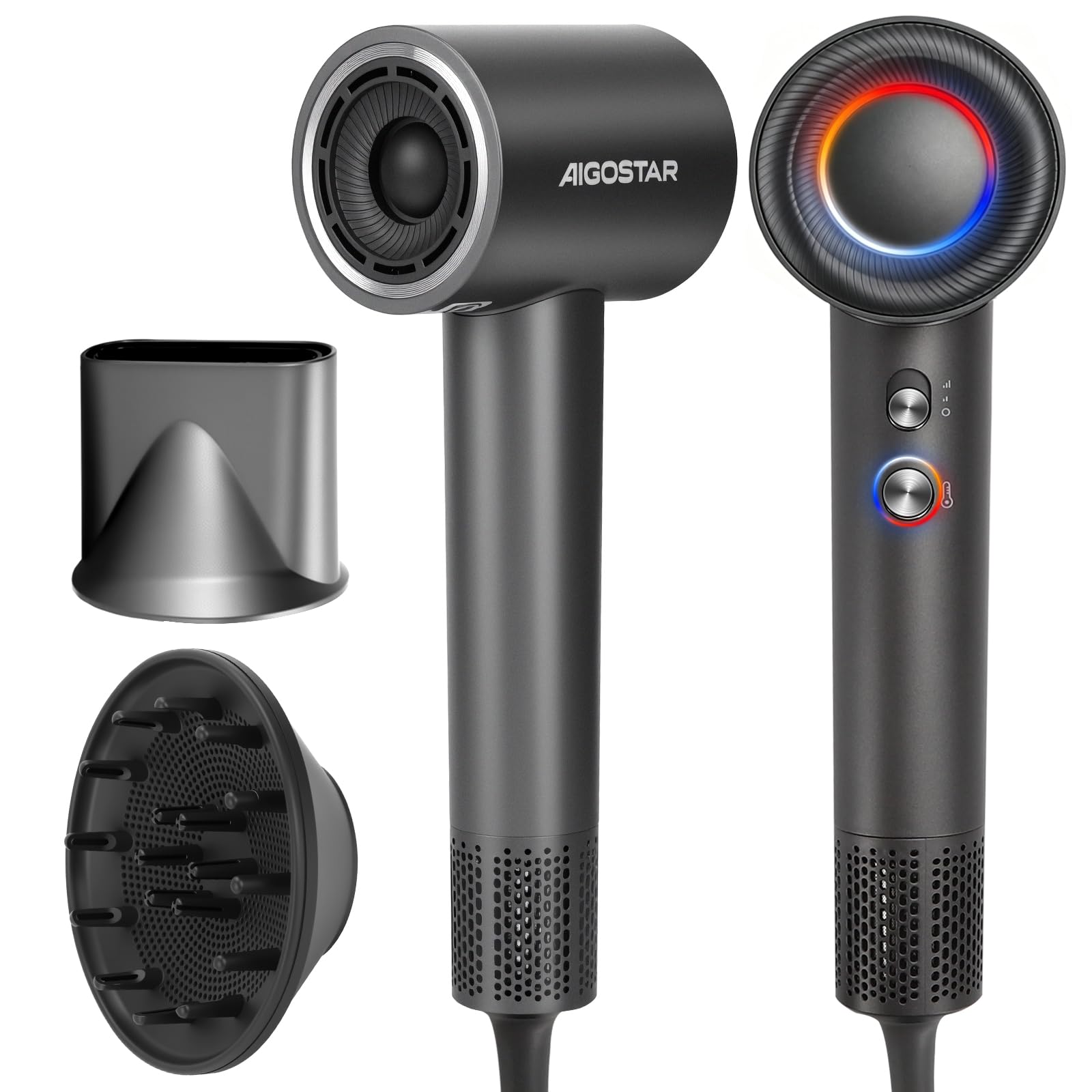 Aigostar Phon Capelli Professionale 1600W, Ioni Negativi - Asciugacapelli Leggero 450g con Motore Brushless 110.000 RPM, 55 dB Silenzioso, Accessori Magnetici con Diffusore - Per Casa e Salone