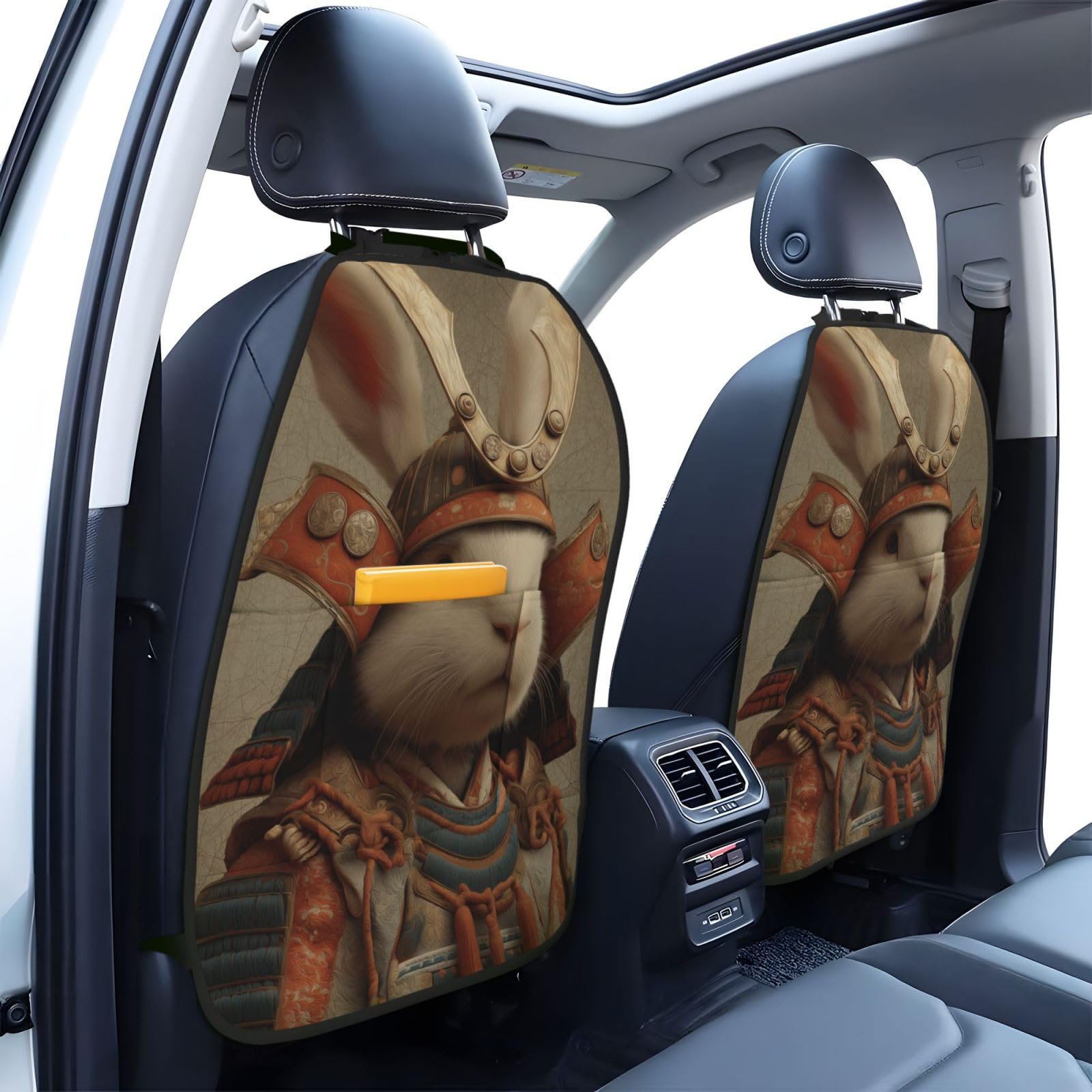 Funny Rabbit Samurai Aesthetic Car Seat Back Kick Protectors,2 Pack Kick Mats With Storage Pockets For Vehicles To Protect From Dirt Mud Scratches