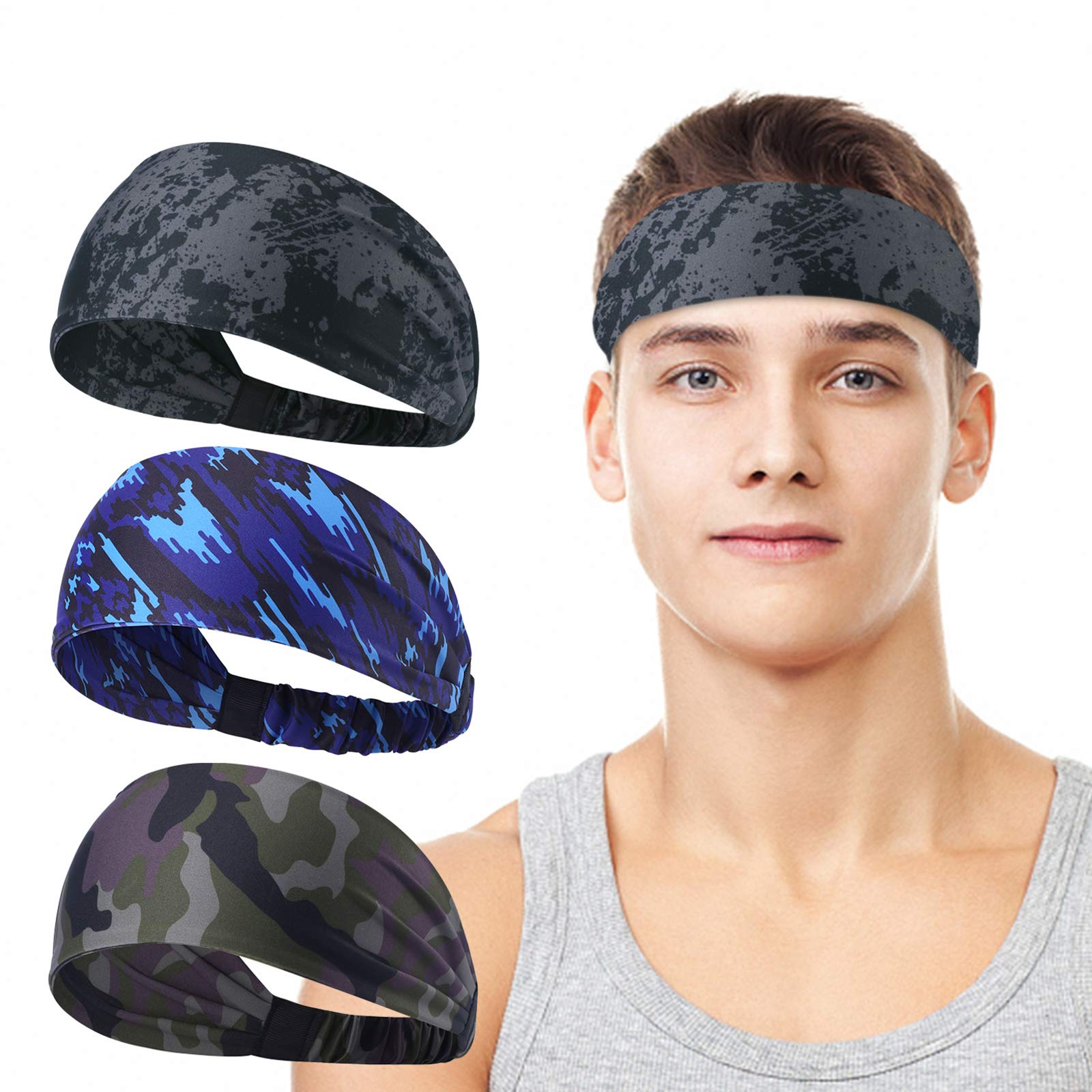AYPOW Sports Headband,3 Pack Printing Running Headband Elastic Athletic Hairband Non-slip Moisture Wicking Wide Hair Band Work-Out Head Wrap Yoga Fitness Sweatband