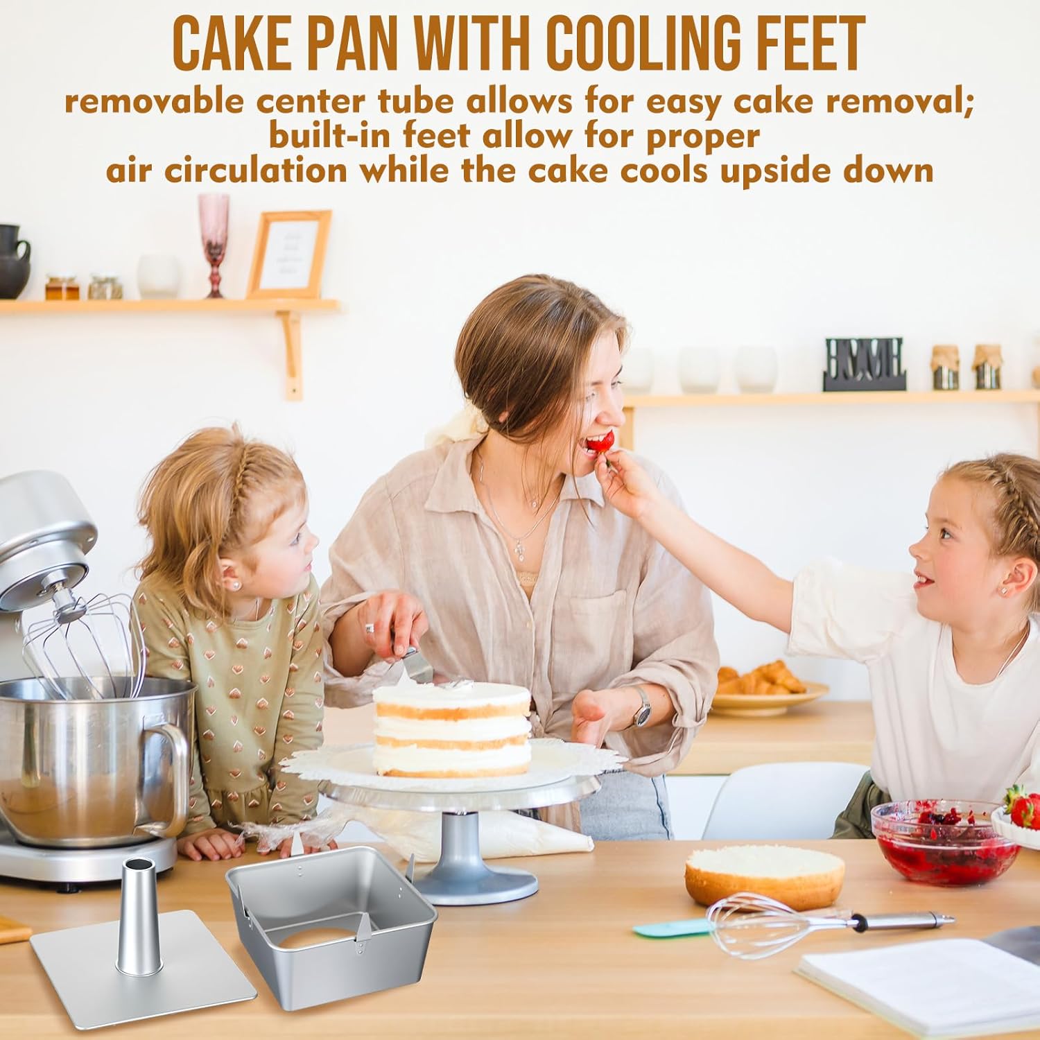 Vesici 10 Inch Square Tube Cake Pan with Cooling Feet Angel Food Cake Pan with Removable Bottom Non-stick Aluminum Alloy Pans for Baking Pound, Chiffon Cakes(Silver) - Image 6