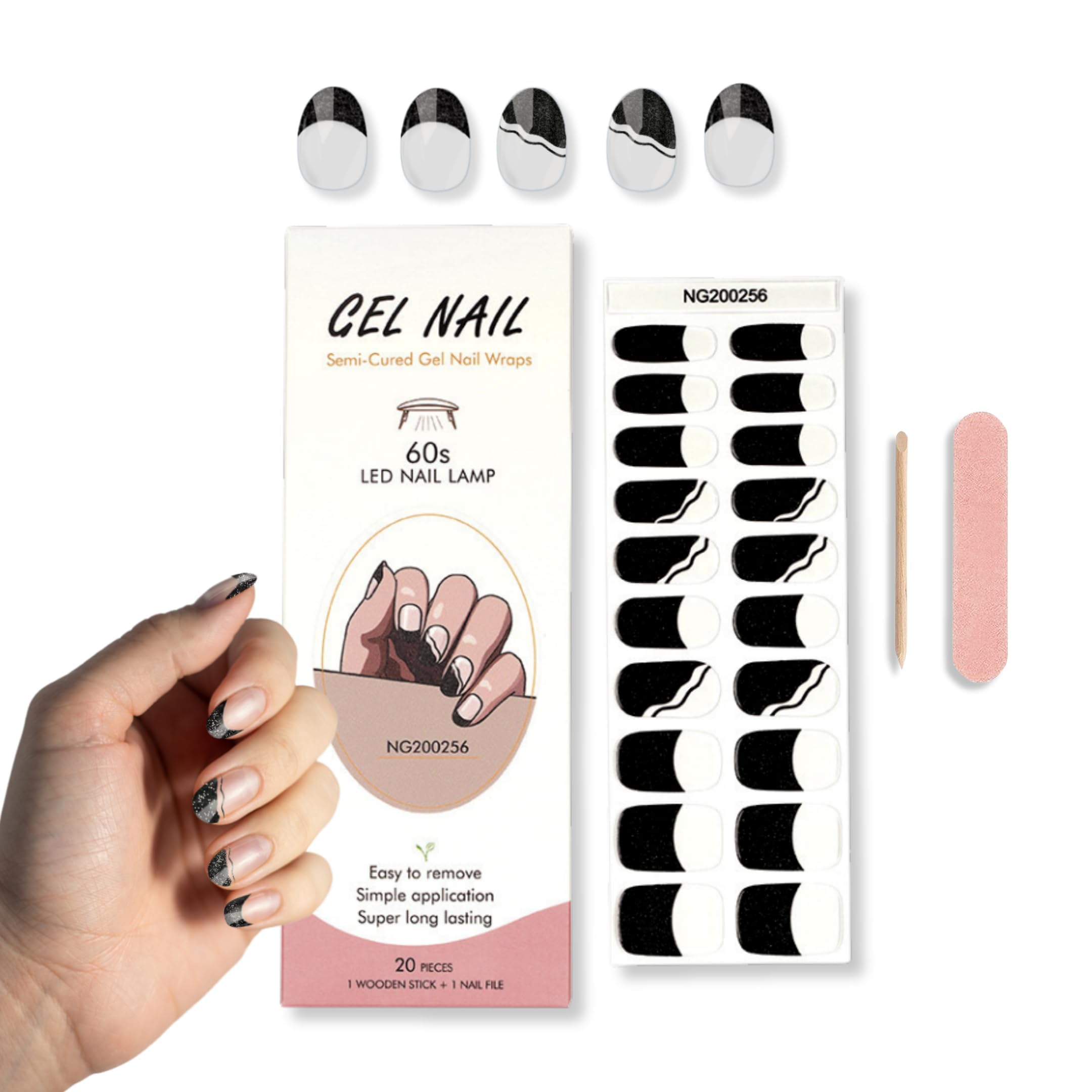 ASTRELLE 20 PCS Semi-Cured Gel Nail Strips, Gel Nail Polish Stickers-Waterproof Gel Nail Wrap Stickers-Full Nail Art Kit with Nail File and Wooden Stick - Black French (UV Led Lamp Required)