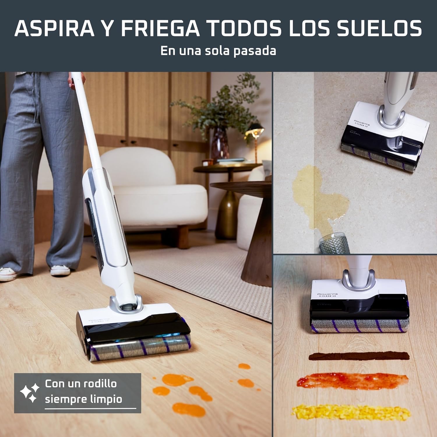 Rowenta X-Clean 10, Aspiradora Fregona Eléctrica Sin Cable, Tecnología Wet & Dry y Dual Edge, Autolimpieza y Secado Automático, Gran autonomía y pantalla LED, Ligera, Flexible, GZ7540WO