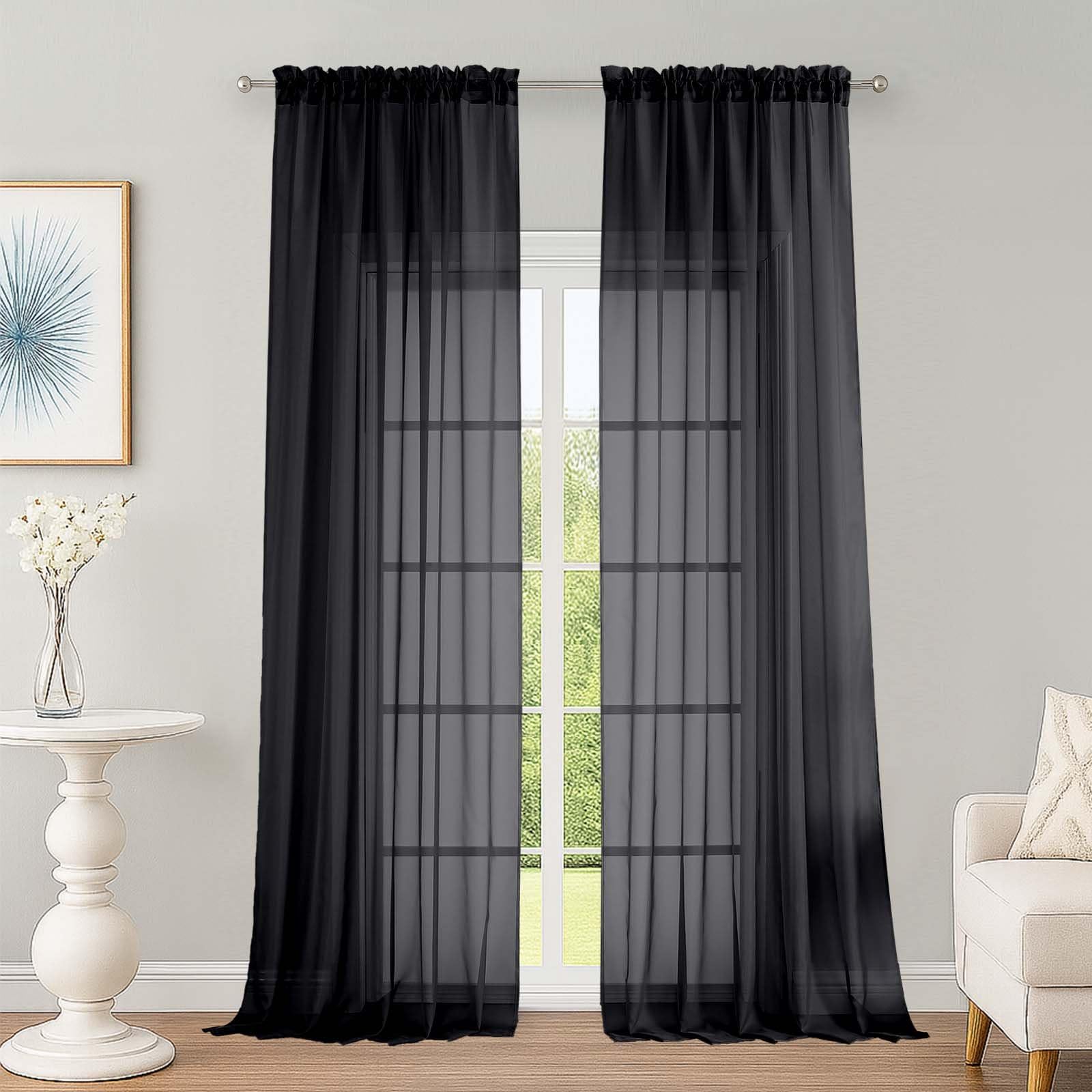 OWENIE Black Sheer Curtains 96 inch Length 2 Panels Set, Rod Pocket Voile Fimly Sheer Drapes for Living Room/Bedroom, 2pcs, Each 52" W x 96" L