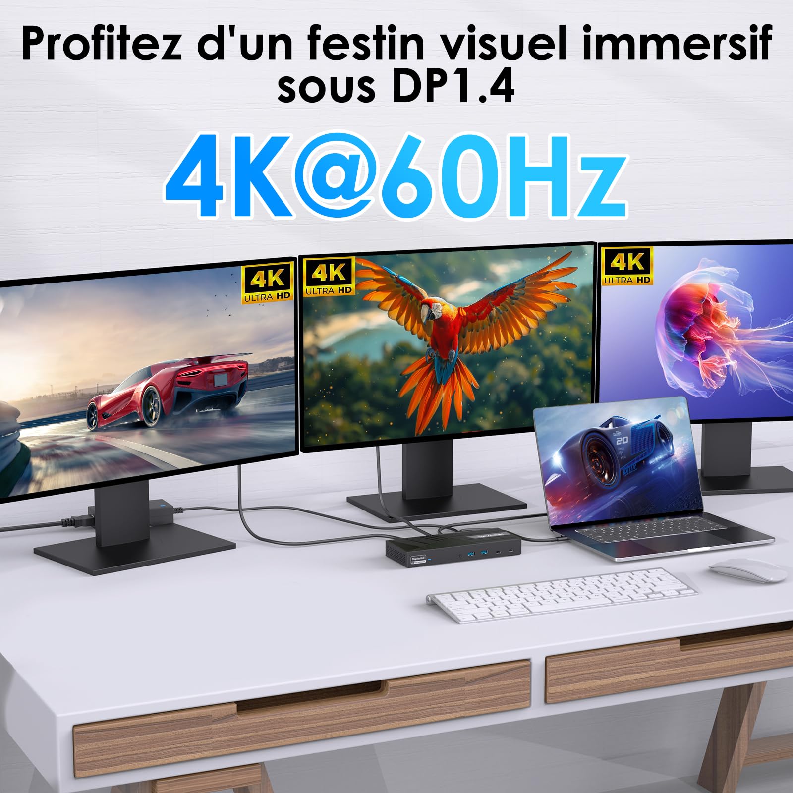 WAVLINK Displaylink Station d'accueil Universelle USB C, avec 3 x HDMI, 2 x DP, 100 W PD, Gigabit Ethernet, 6 × 10 Gbps USB-A&C, Audio, Microphone, Compatible avec Mac OS et Windows