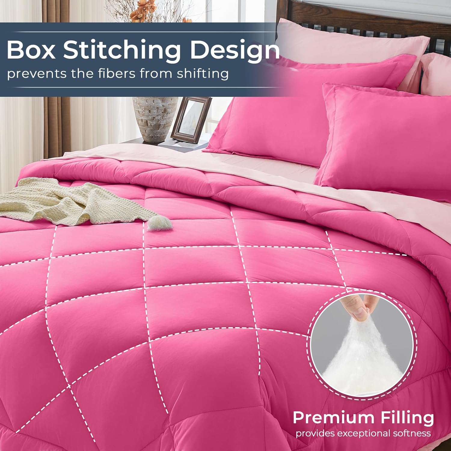 HEVUMYI Hot Pink & Baby Pink Queen Comforter Set - 7-Piece All Season Bed in a Bag Queen, Ultra Soft Bedding Set with Comforter, Flat Sheet, Fitted Sheet, Pillowcases, Pillow Shams - Image 4