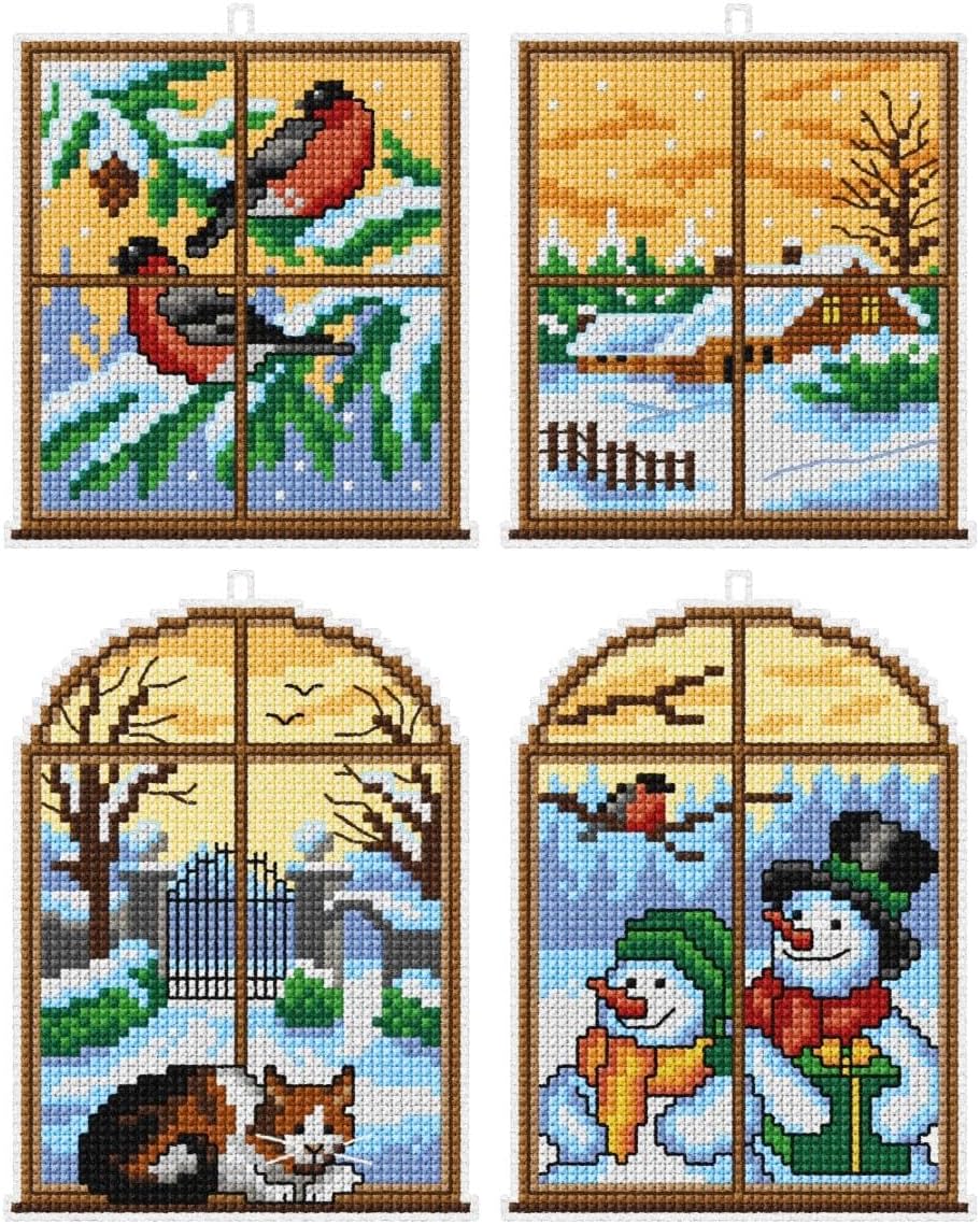 Wizardi Counted Cross-Stitch Kit on Plastic Canvas with Winter Stars. 4 Christmas Ornaments Same Dimensions 3.94x3.94 Inches. Superb for Embroidery & Craft Amateurs. 7675 Orchidea