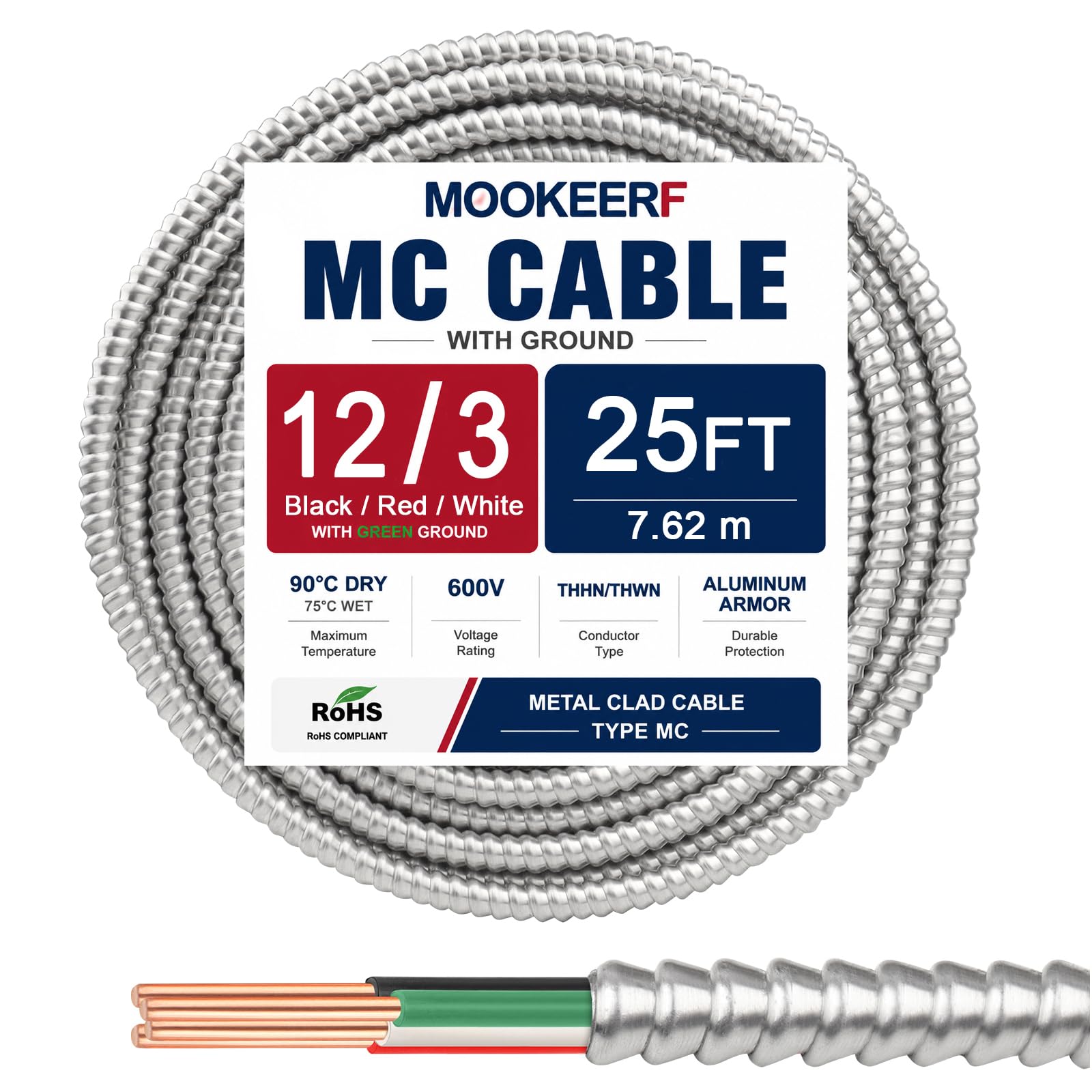 12/3 MC Cable with Ground - 25FT Pure Copper 12AWG/3 Metal Clad Wire with Aluminum Armor 12 Gauge 3 Conductor Type MC Alum Cable