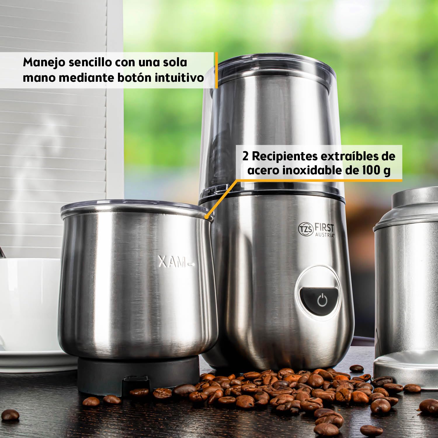 TZS FA Molinillo de Café Eléctrico y Espumador de Leche 2 en 1, 200W, 28000 RPM, 2 Vasos de Acero Inoxidable Desmontables 100g/100ml, 2 Velocidades, Plata