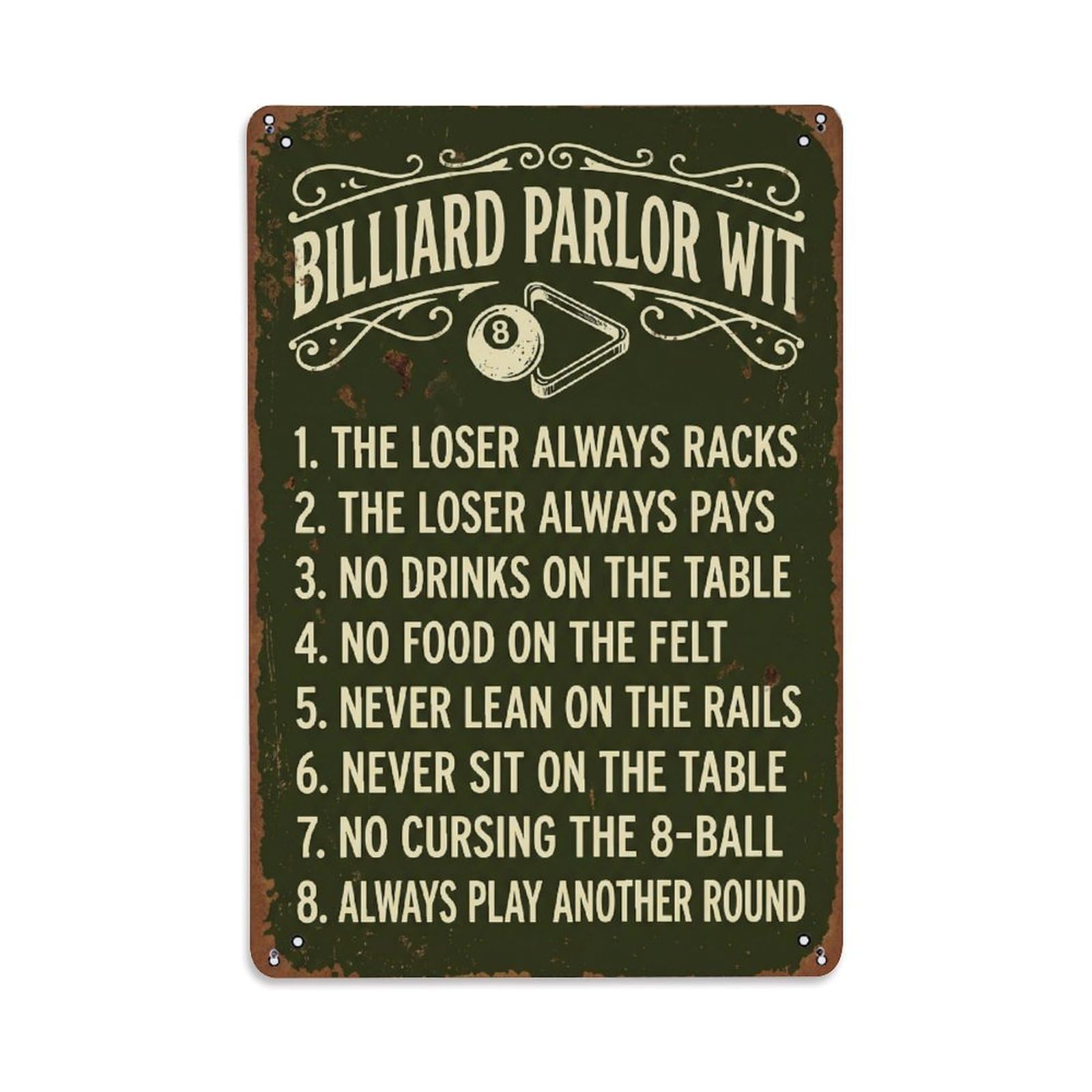 Billiard Parlor Witty House Rules Metal Tin Sign Plaque Wall Decor for Cafe, Club Bar, Office, Home Garden Metal Poster 8x12Inch