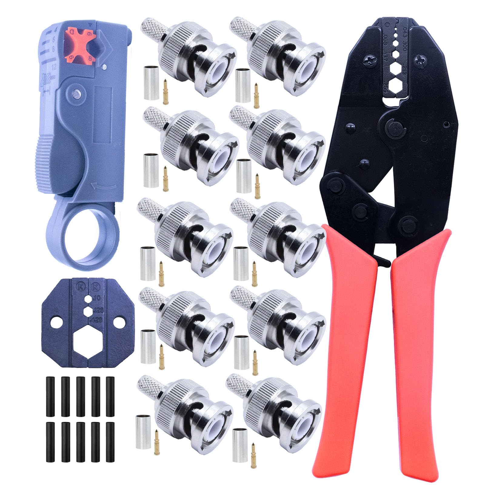 BNC Crimp Tool and BNC Connector Kit, Coaxial Cable Crimper with 10pcs BNC Male Crimp Connector Rg58 and a Wire Stripper & a Interchangeable Die for